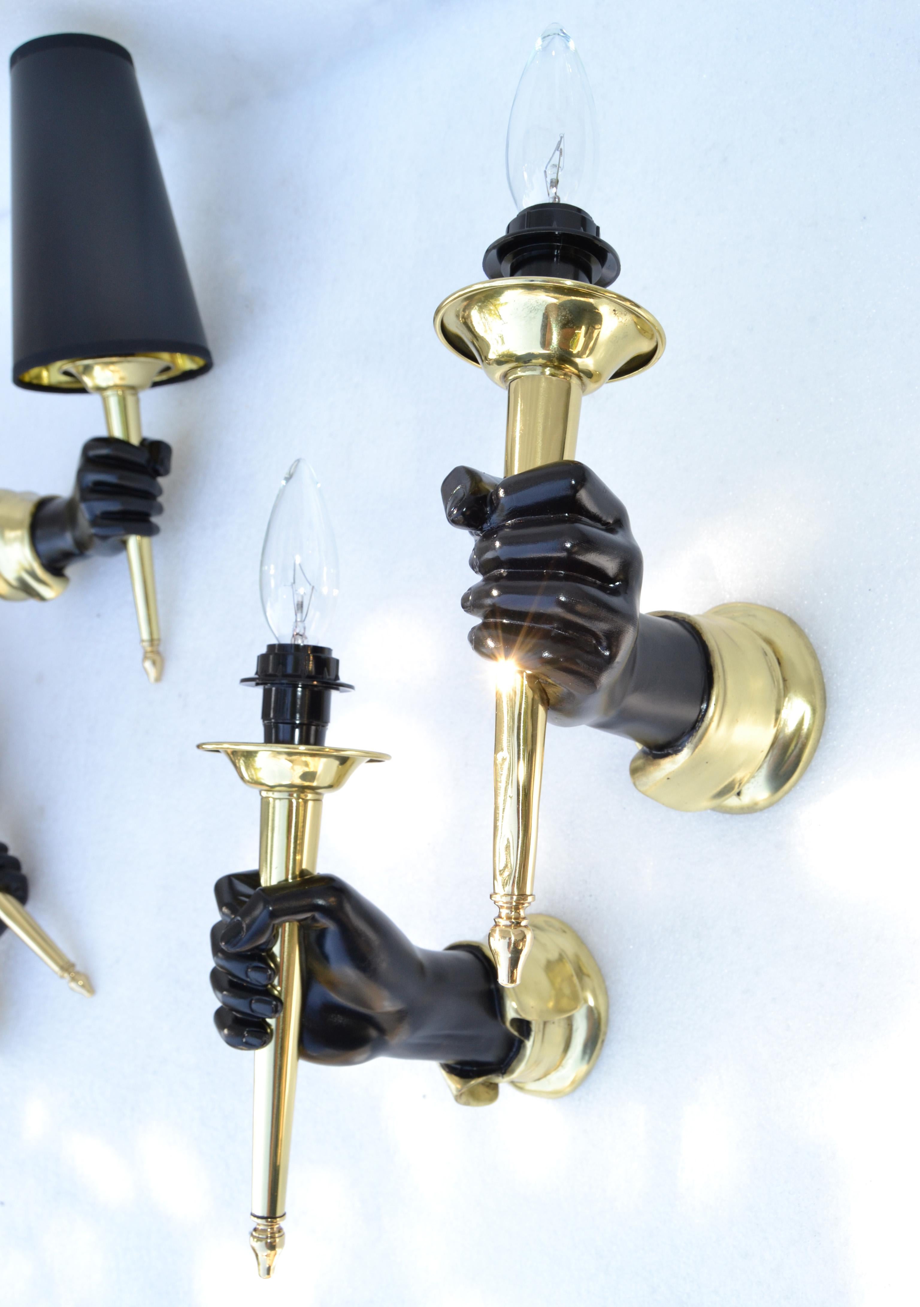 Andre Arbus Bronze Sconces Black Finish Hand Holding Light, Wall Lamp 1950 Pair In Good Condition For Sale In Miami, FL