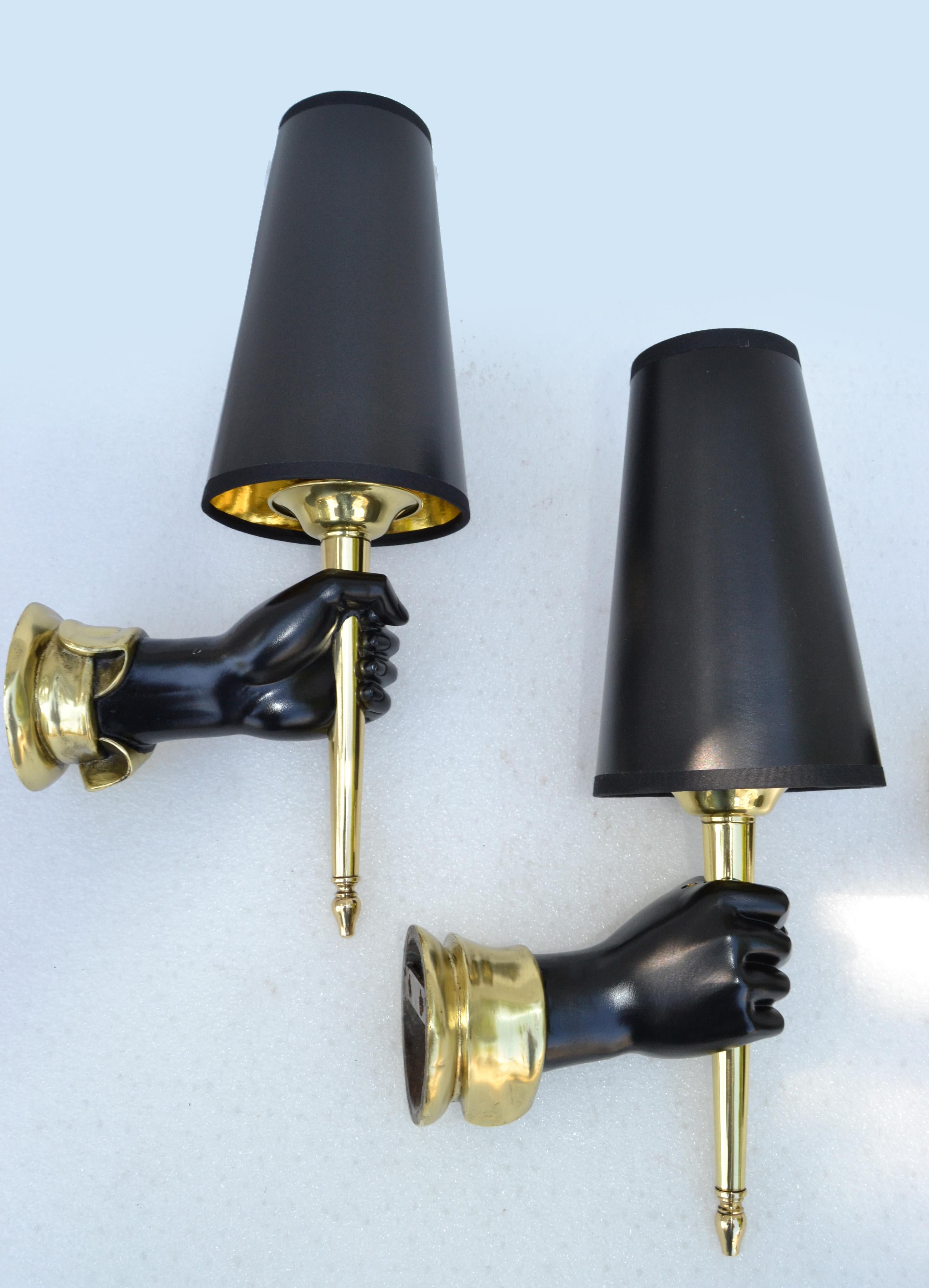 Mid-20th Century Andre Arbus Bronze Sconces Black Finish Hand Holding Light, Wall Lamp 1950 Pair For Sale