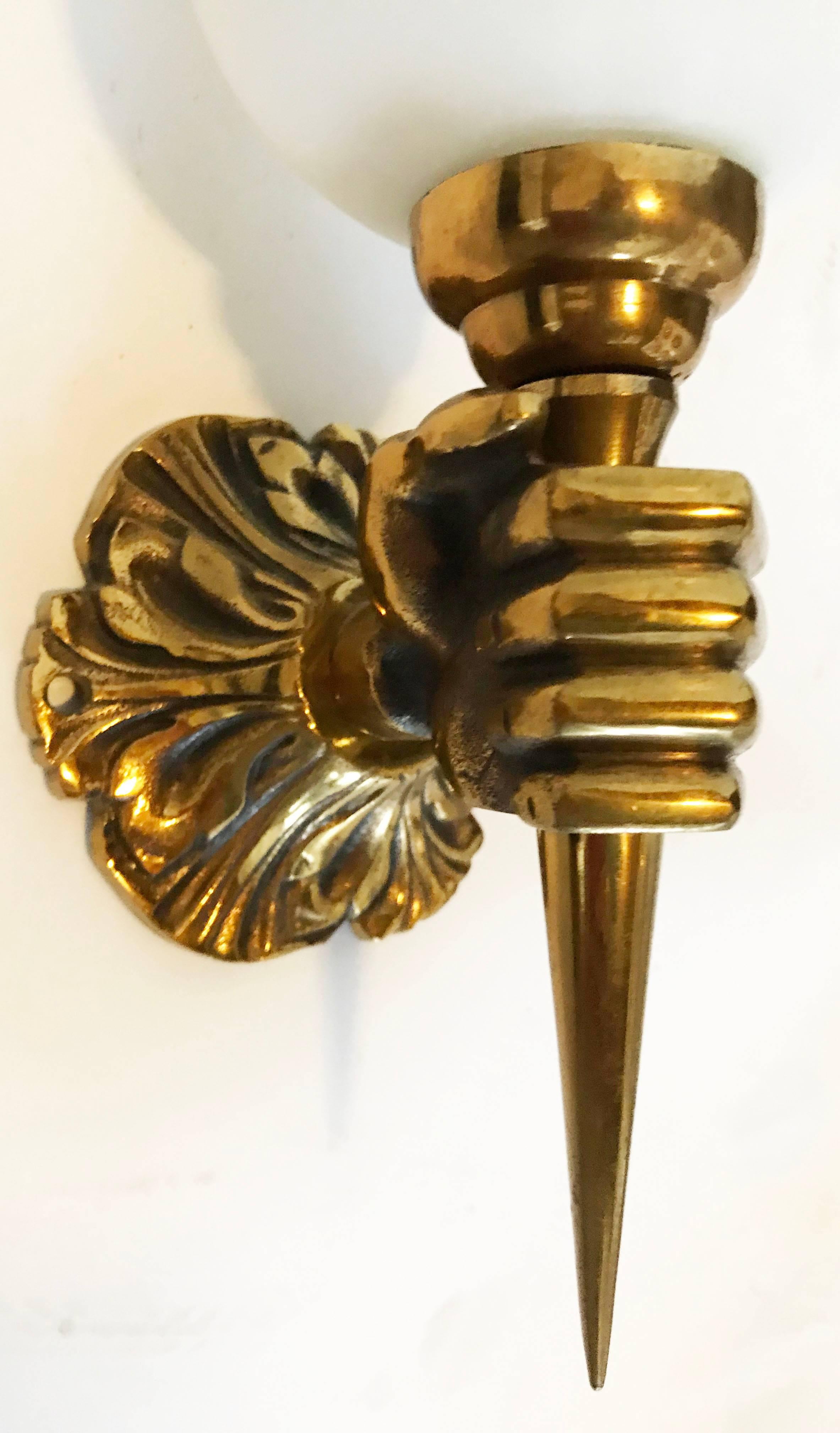 Mid-Century Modern Pair Andre Arbus Bronze Sconces Wall Lamps Blown Opaline Glass Shade France