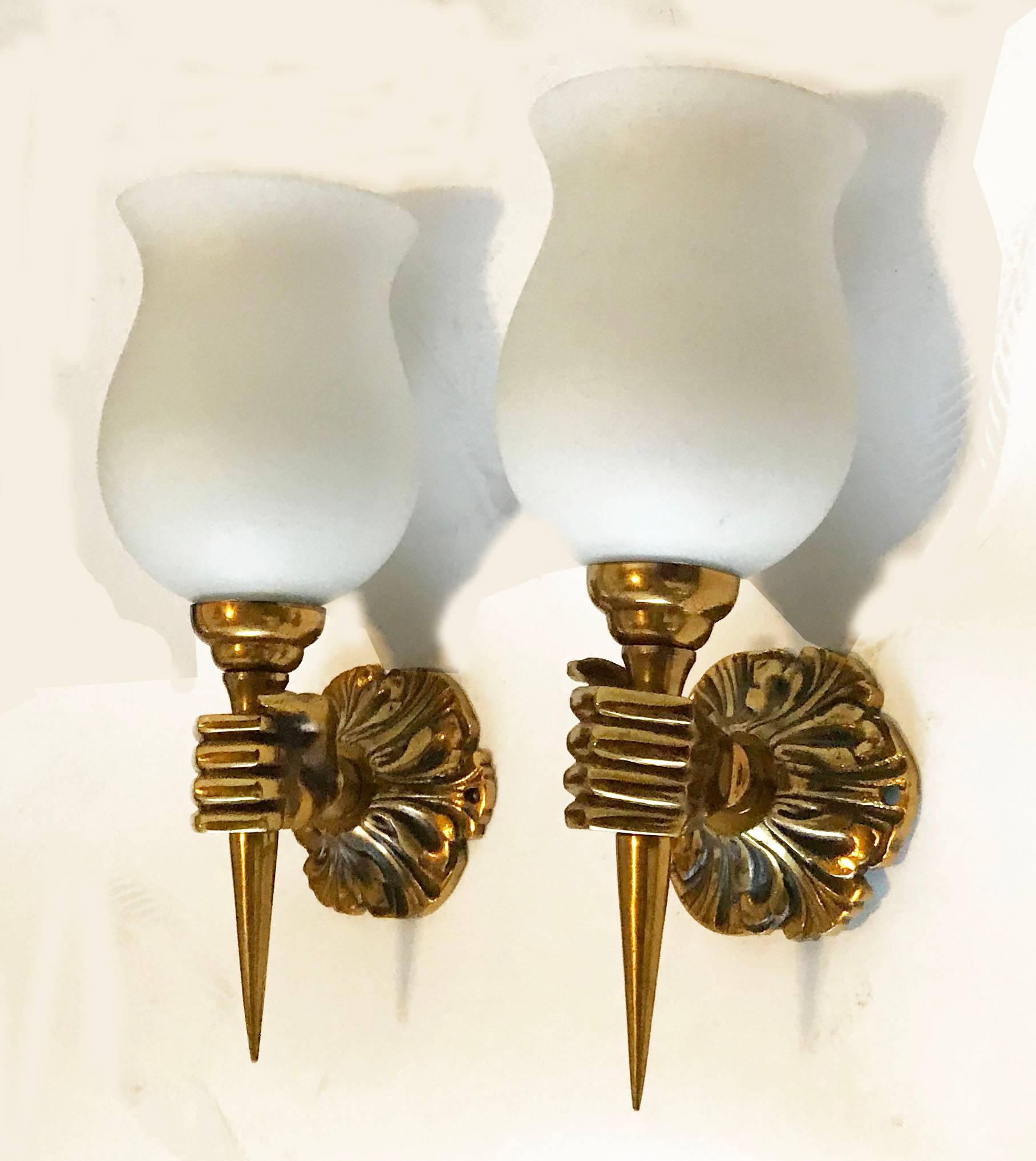 French Pair Andre Arbus Bronze Sconces Wall Lamps Blown Opaline Glass Shade France   For Sale