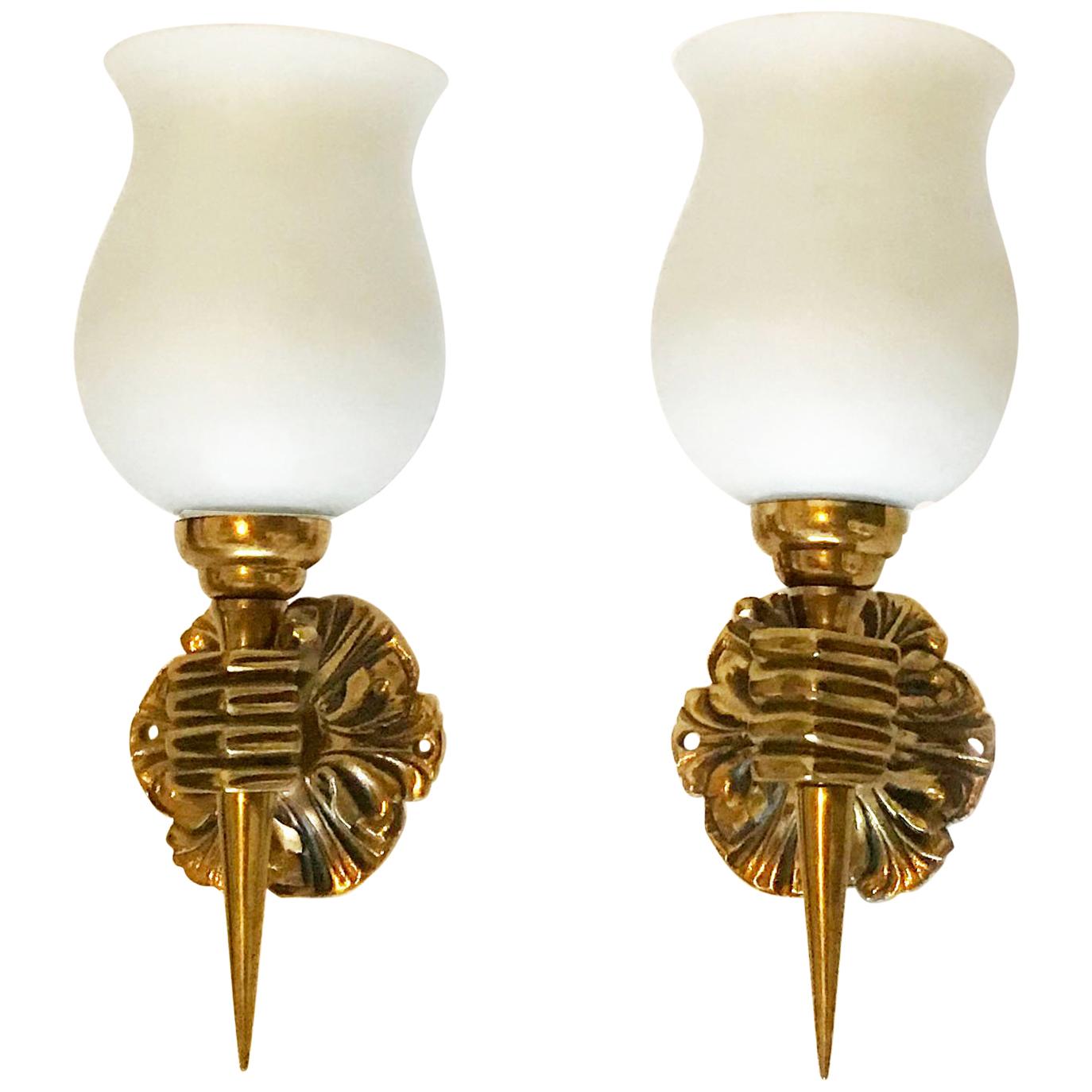 Pair Andre Arbus Bronze Sconces Wall Lamps Blown Opaline Glass Shade France   For Sale