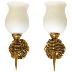 Pair Andre Arbus Bronze Sconces Wall Lamps Blown Opaline Glass Shade France  