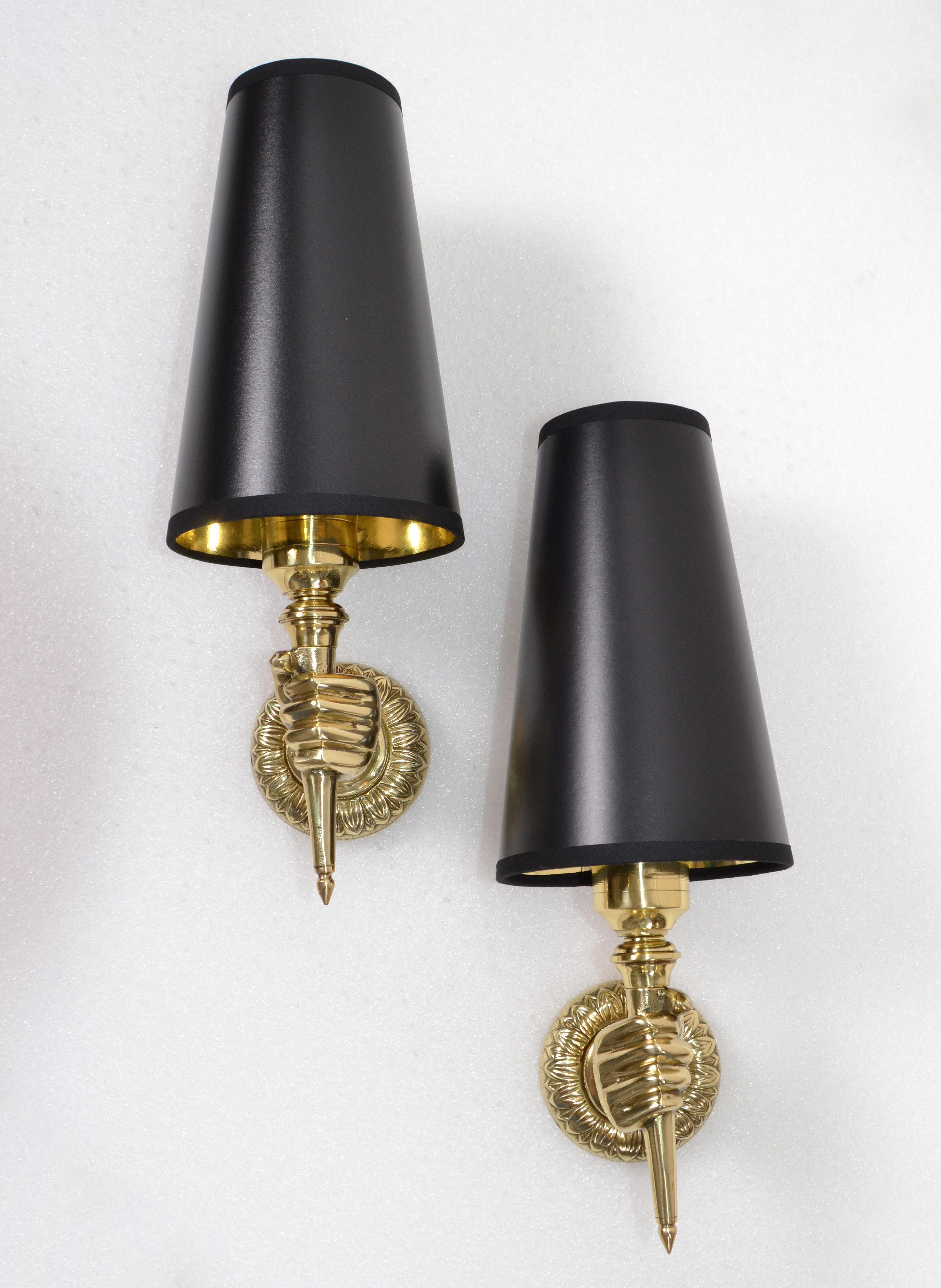 André Arbus French Bronze Hand Sconces, Wall Lights Black Gold Cone Shade, Pair For Sale 3