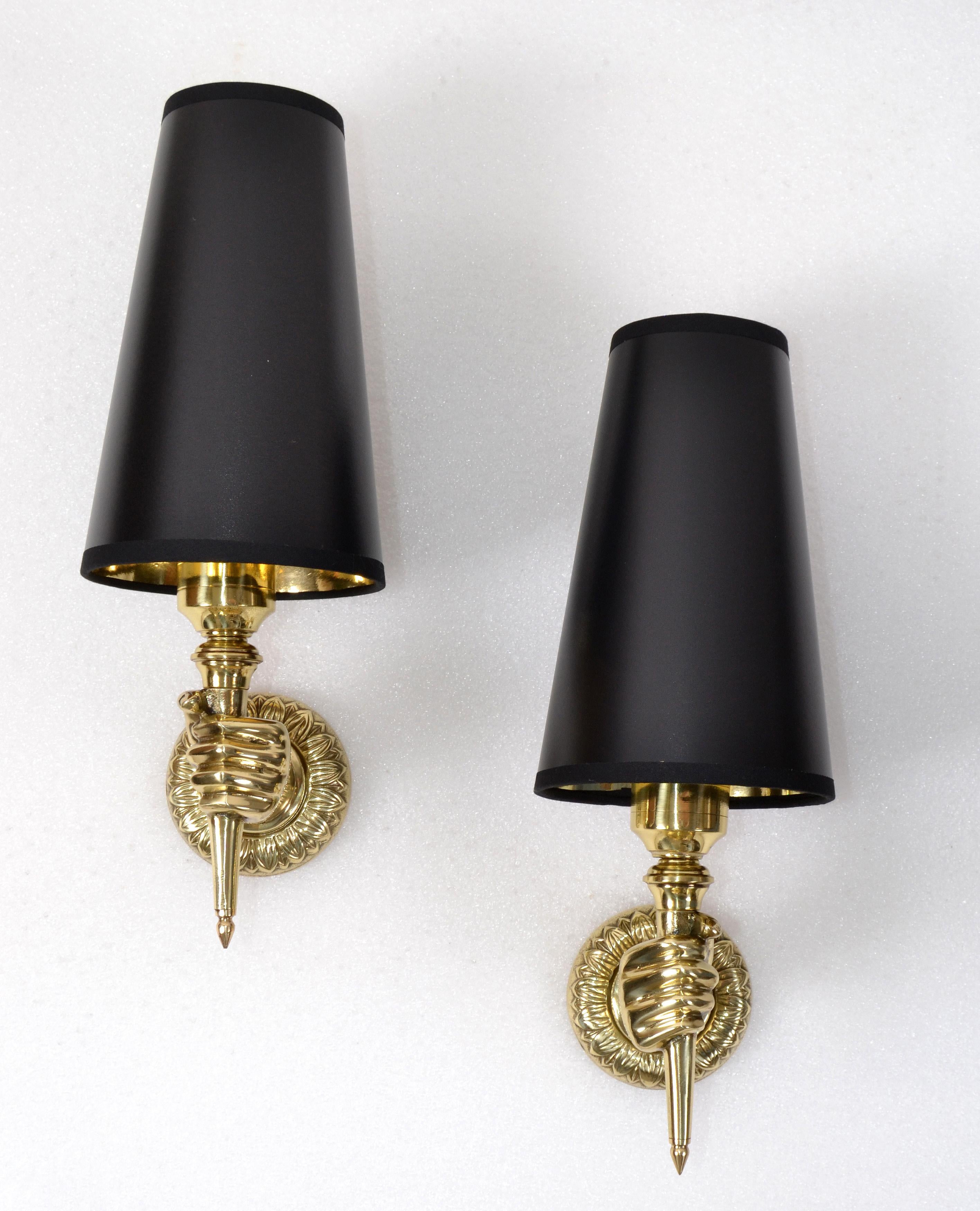 André Arbus French Bronze Hand Sconces, Wall Lights Black Gold Cone Shade, Pair For Sale 4