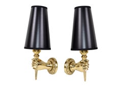 André Arbus French Bronze Hand Sconces, Wall Lights Black Gold Cone Shade, Pair