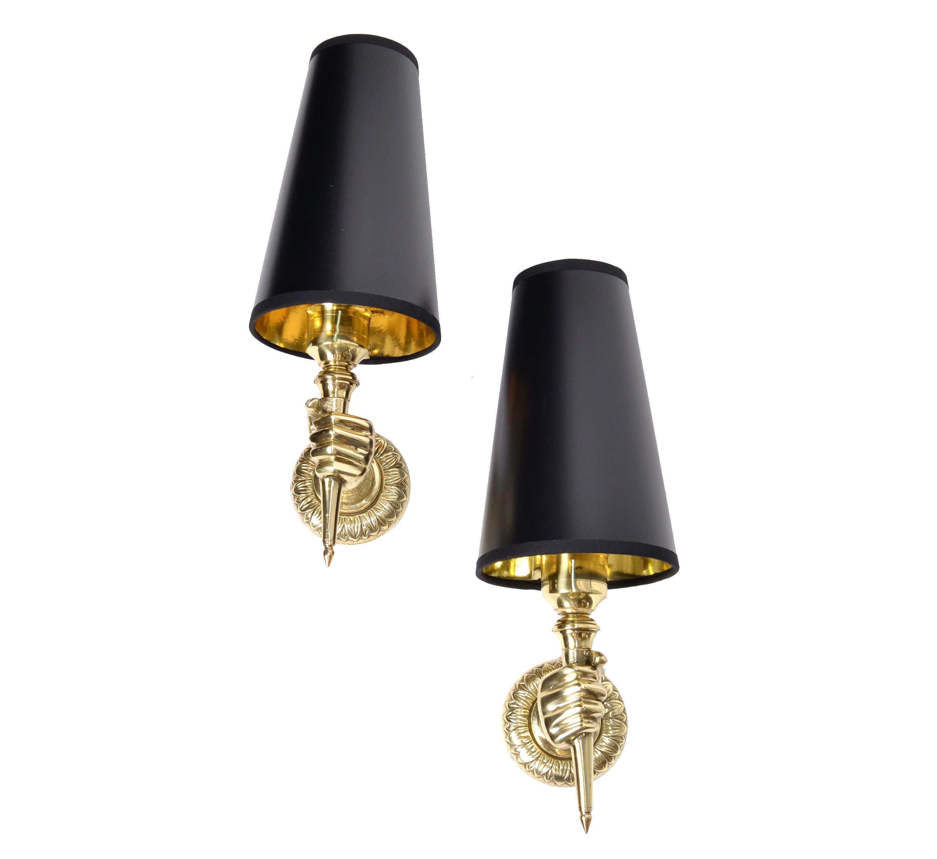 Mid-Century Modern André Arbus French Bronze Hand Sconces, Wall Lights Black Gold Cone Shade, Pair For Sale