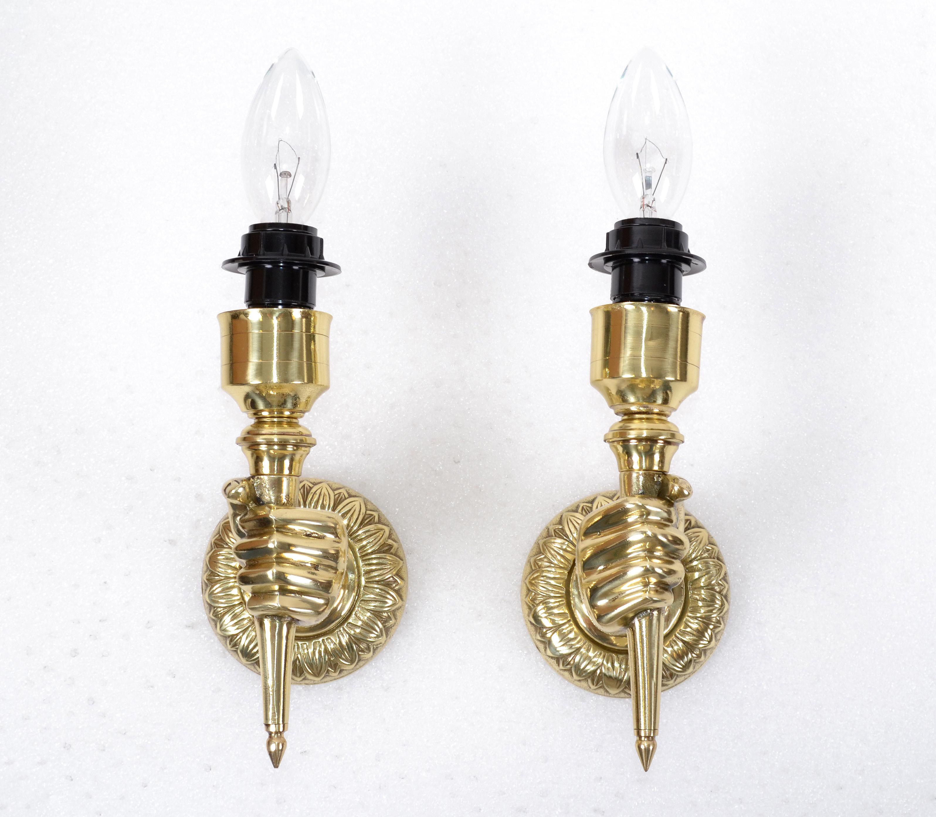 André Arbus French Bronze Hand Sconces, Wall Lights Black Gold Cone Shade, Pair In Good Condition For Sale In Miami, FL