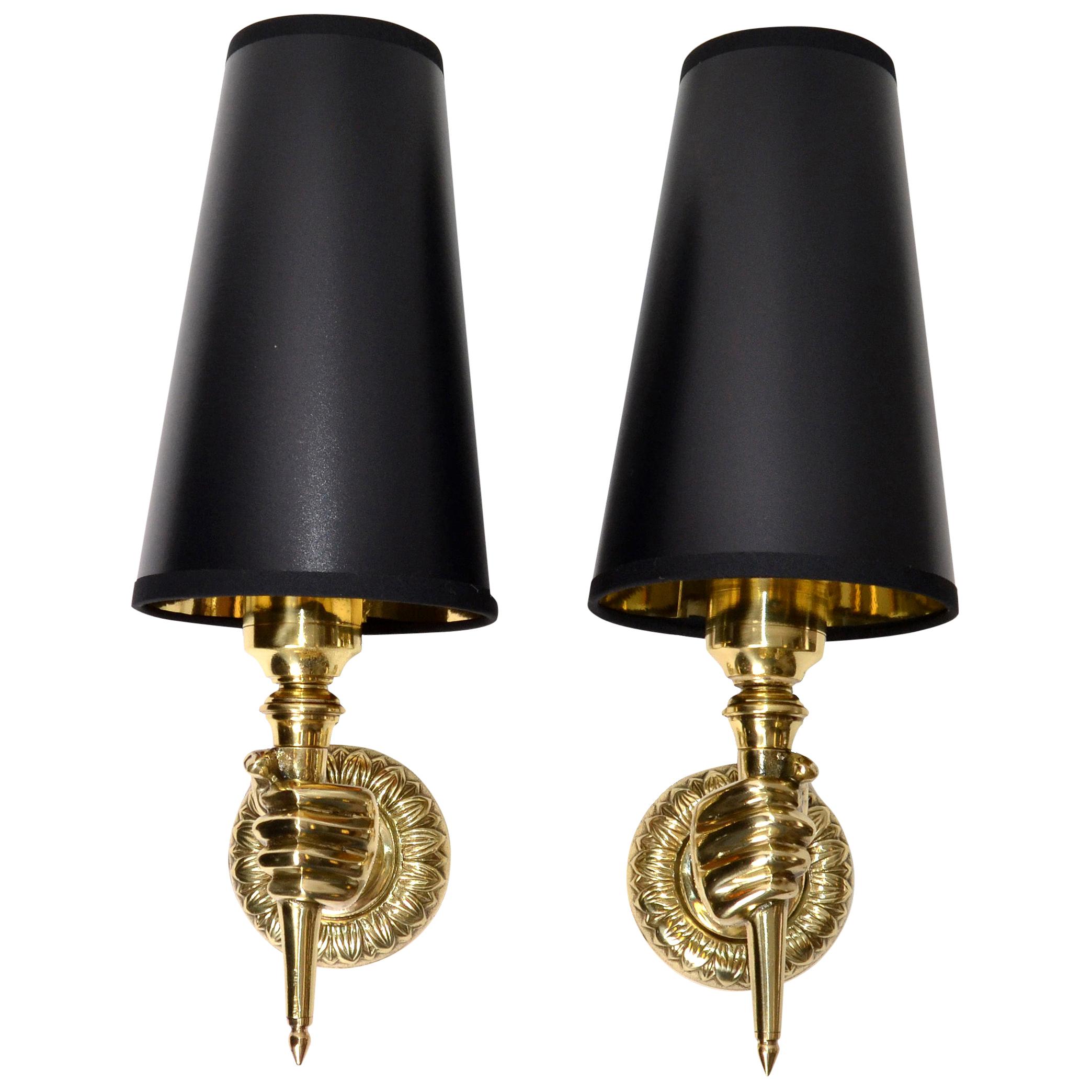 André Arbus French Bronze Hand Sconces, Wall Lights Black Gold Cone Shade, Pair For Sale