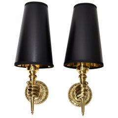 André Arbus French Bronze Hand Sconces, Wall Lights Black Gold Cone Shade, Pair