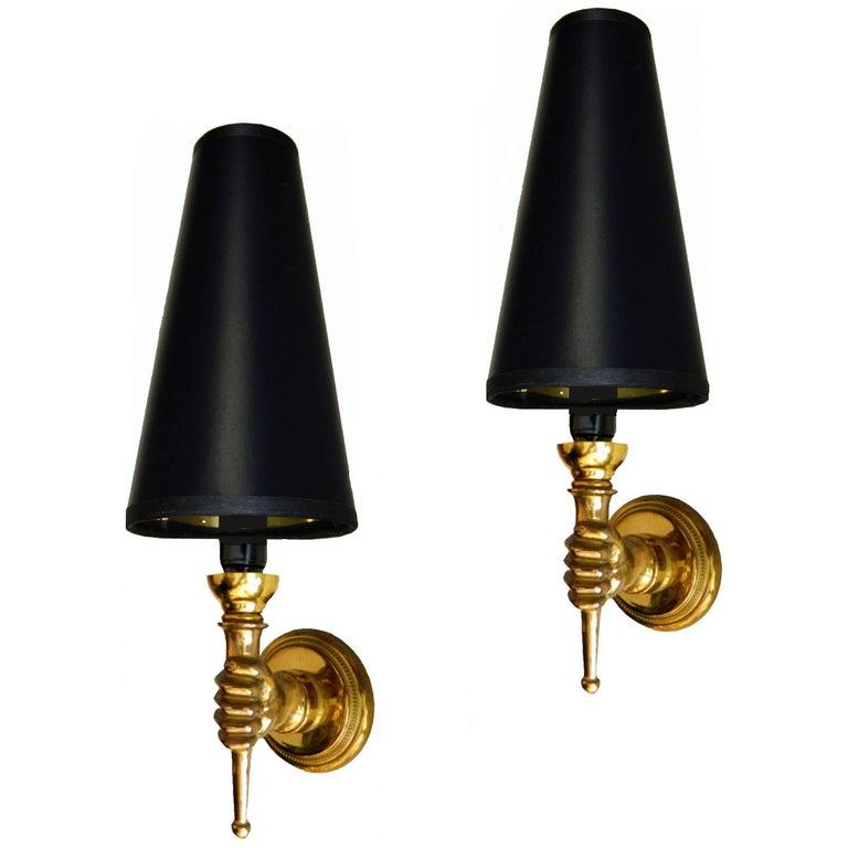 André Arbus French Bronze Neoclassical Hand Sconces, Wall Lamps, Pair 4