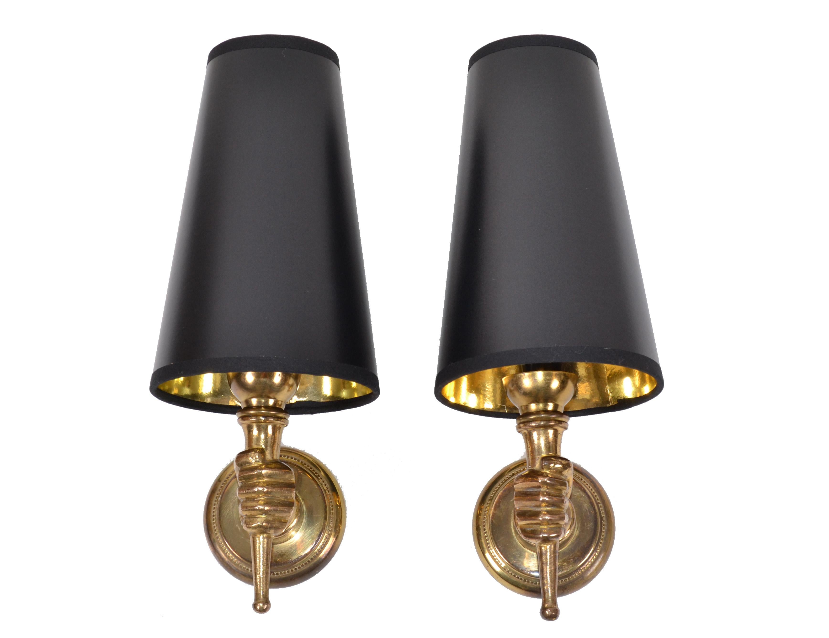 Mid-Century Modern André Arbus French Bronze Neoclassical Hand Sconces, Wall Lamps, Pair