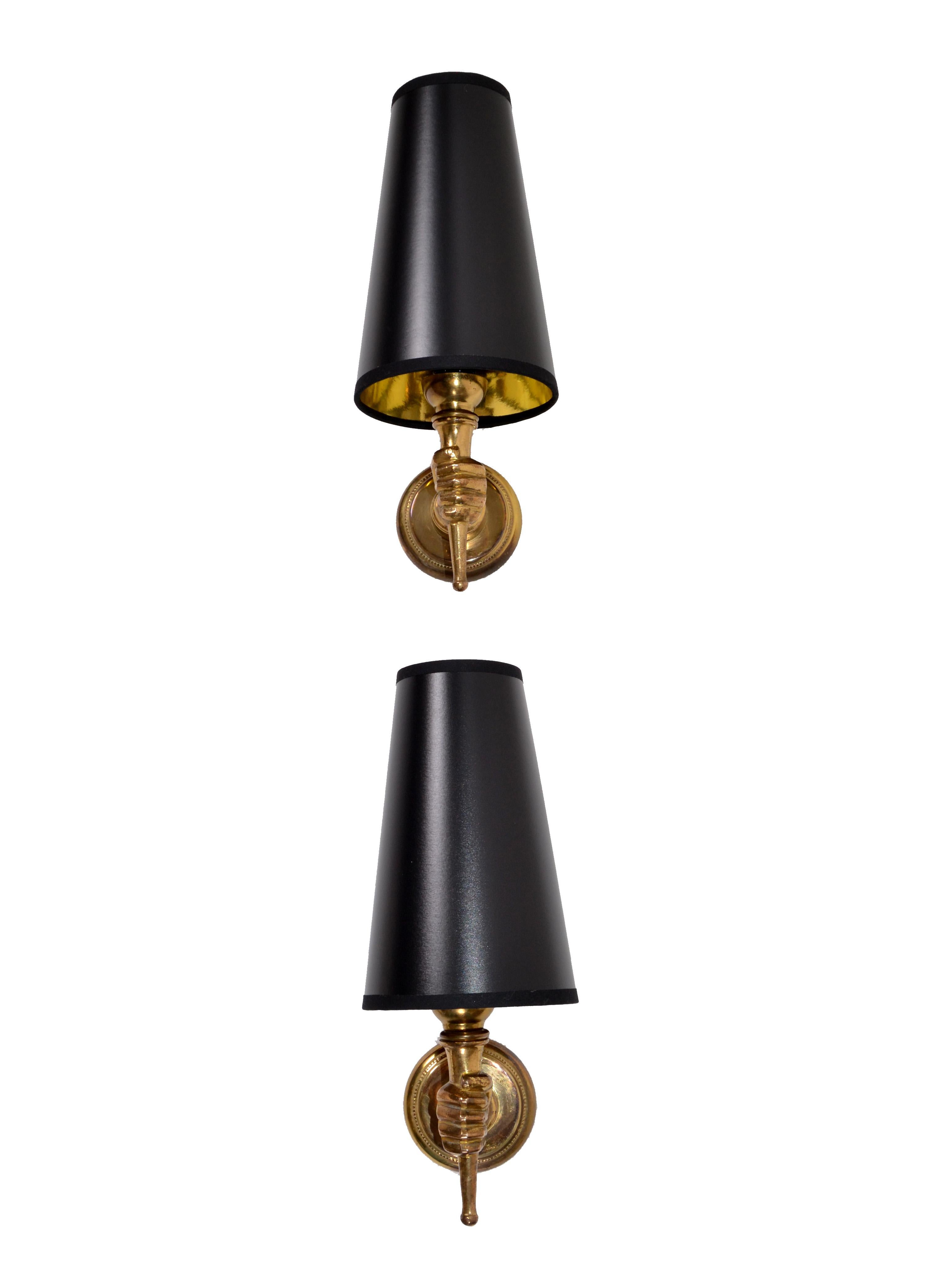 Patinated André Arbus French Bronze Neoclassical Hand Sconces, Wall Lamps, Pair