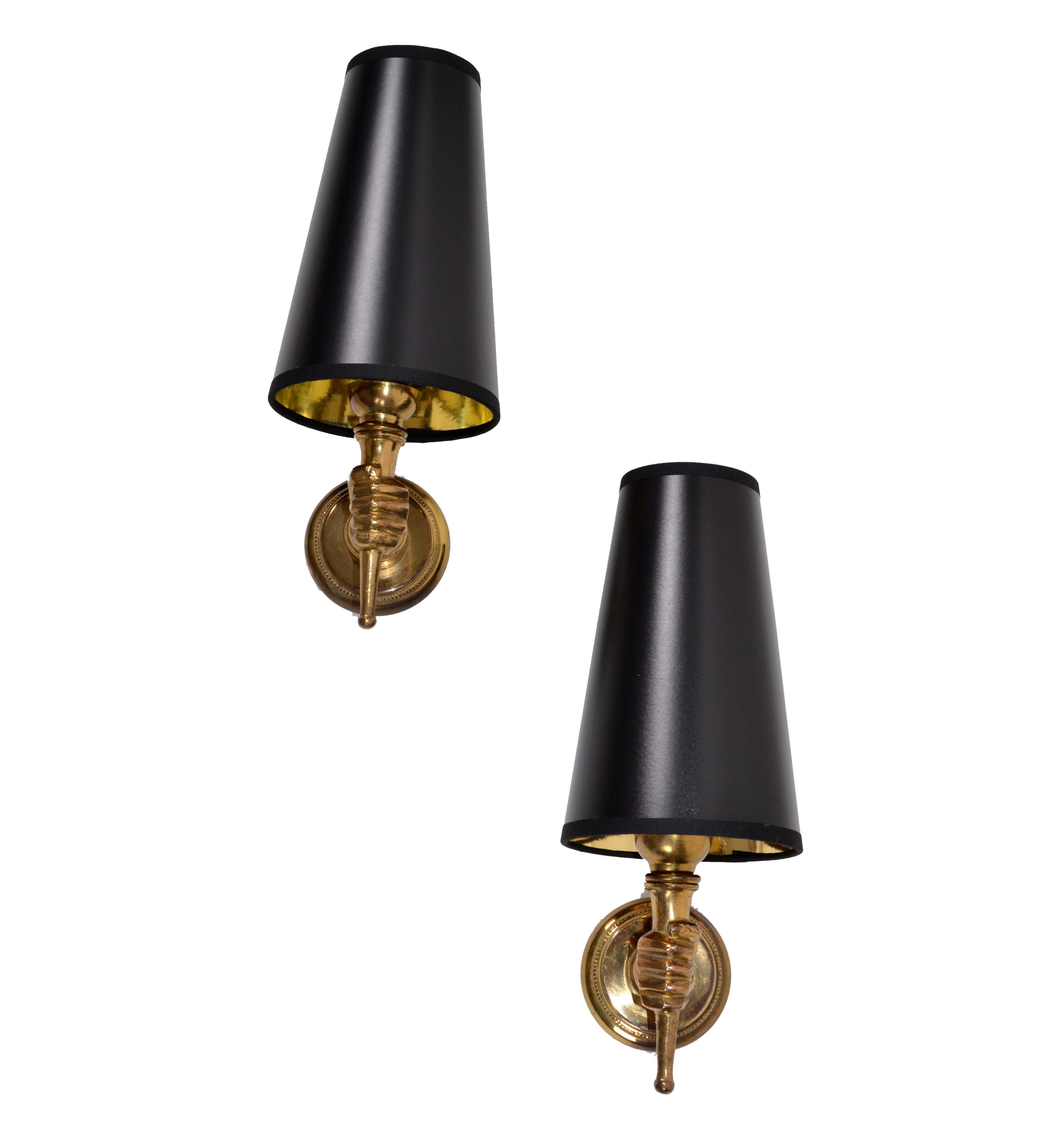 Patinated André Arbus French Bronze Neoclassical Hand Sconces, Wall Lamps, Pair For Sale