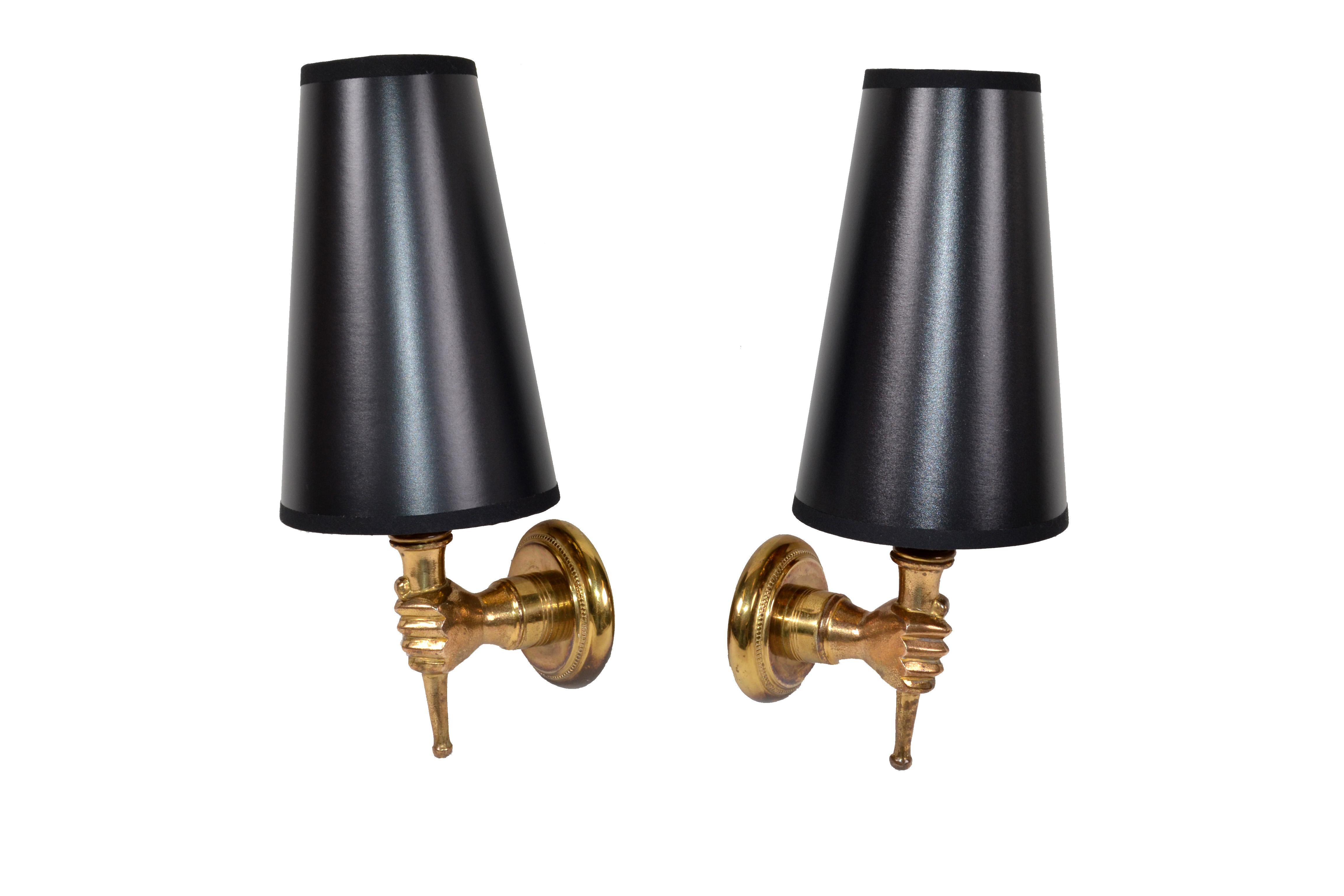 Mid-20th Century André Arbus French Bronze Neoclassical Hand Sconces, Wall Lamps, Pair