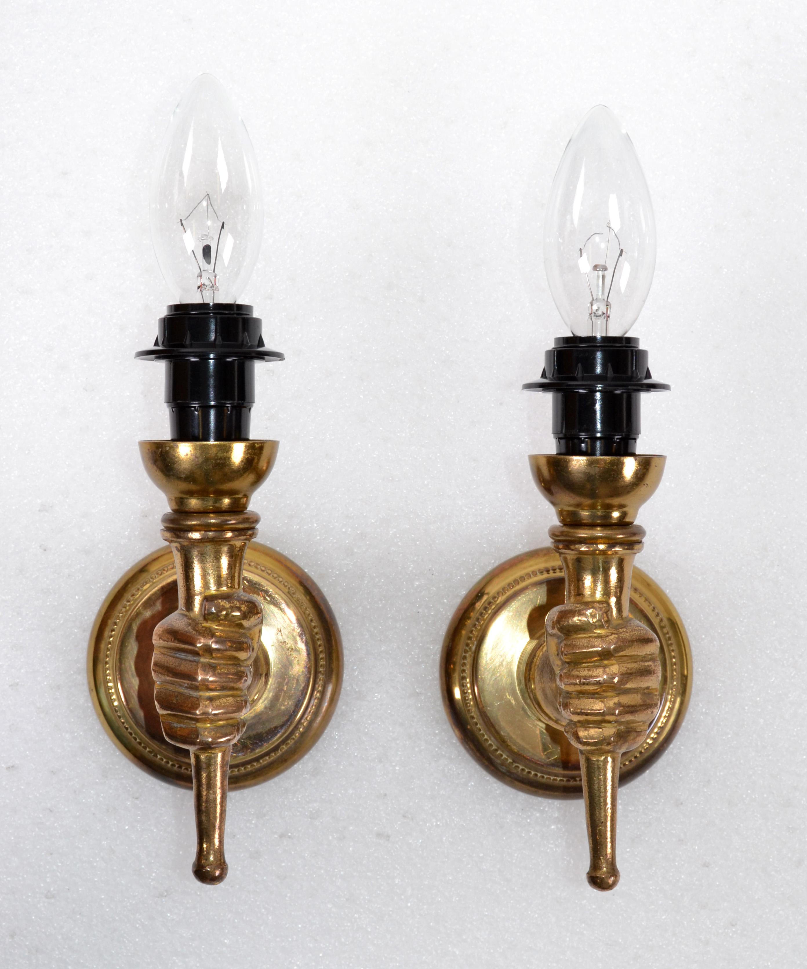 Brass André Arbus French Bronze Neoclassical Hand Sconces, Wall Lamps, Pair