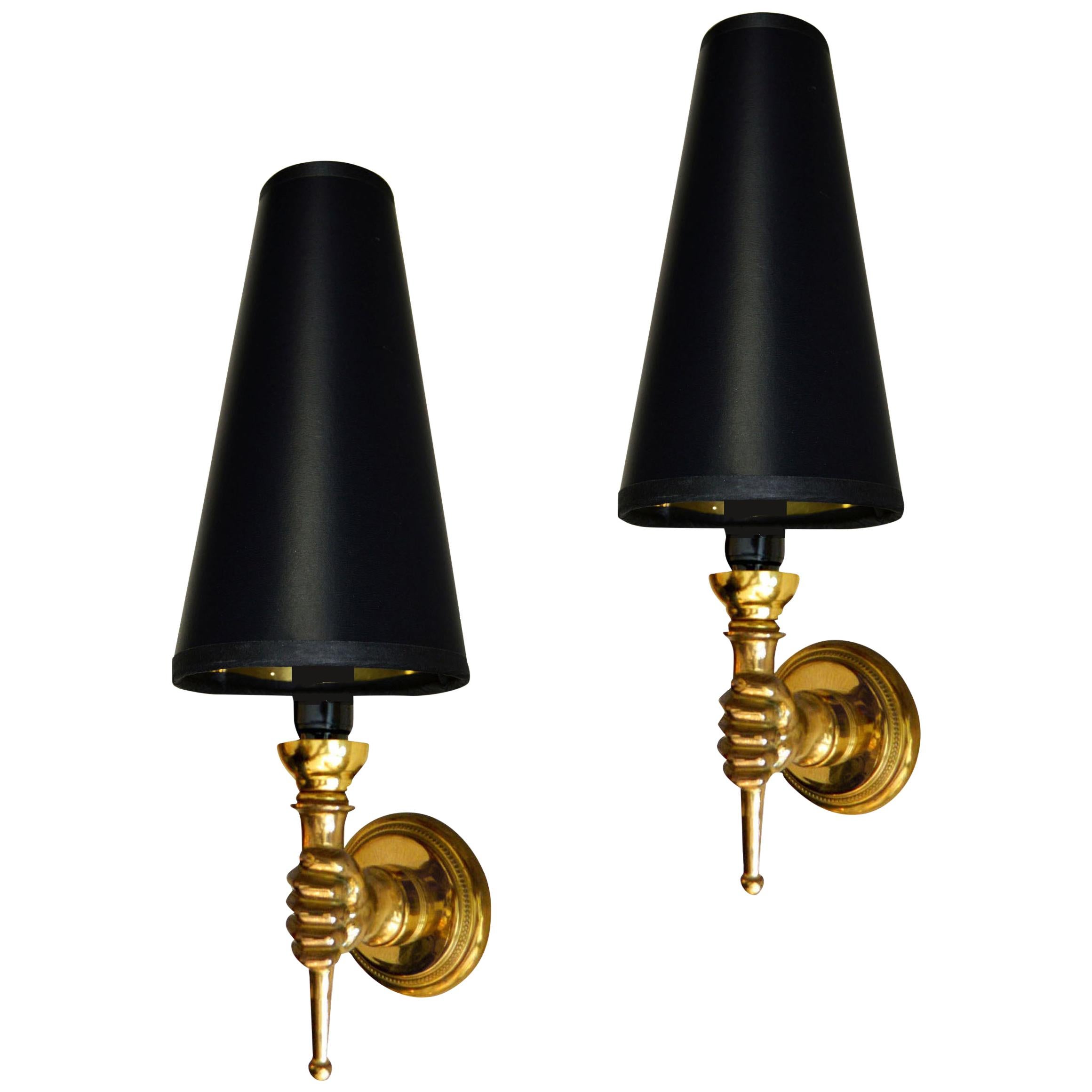 André Arbus French Bronze Neoclassical Hand Sconces, Wall Lamps, Pair