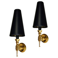 André Arbus French Bronze Neoclassical Hand Sconces, Wall Lamps, Pair