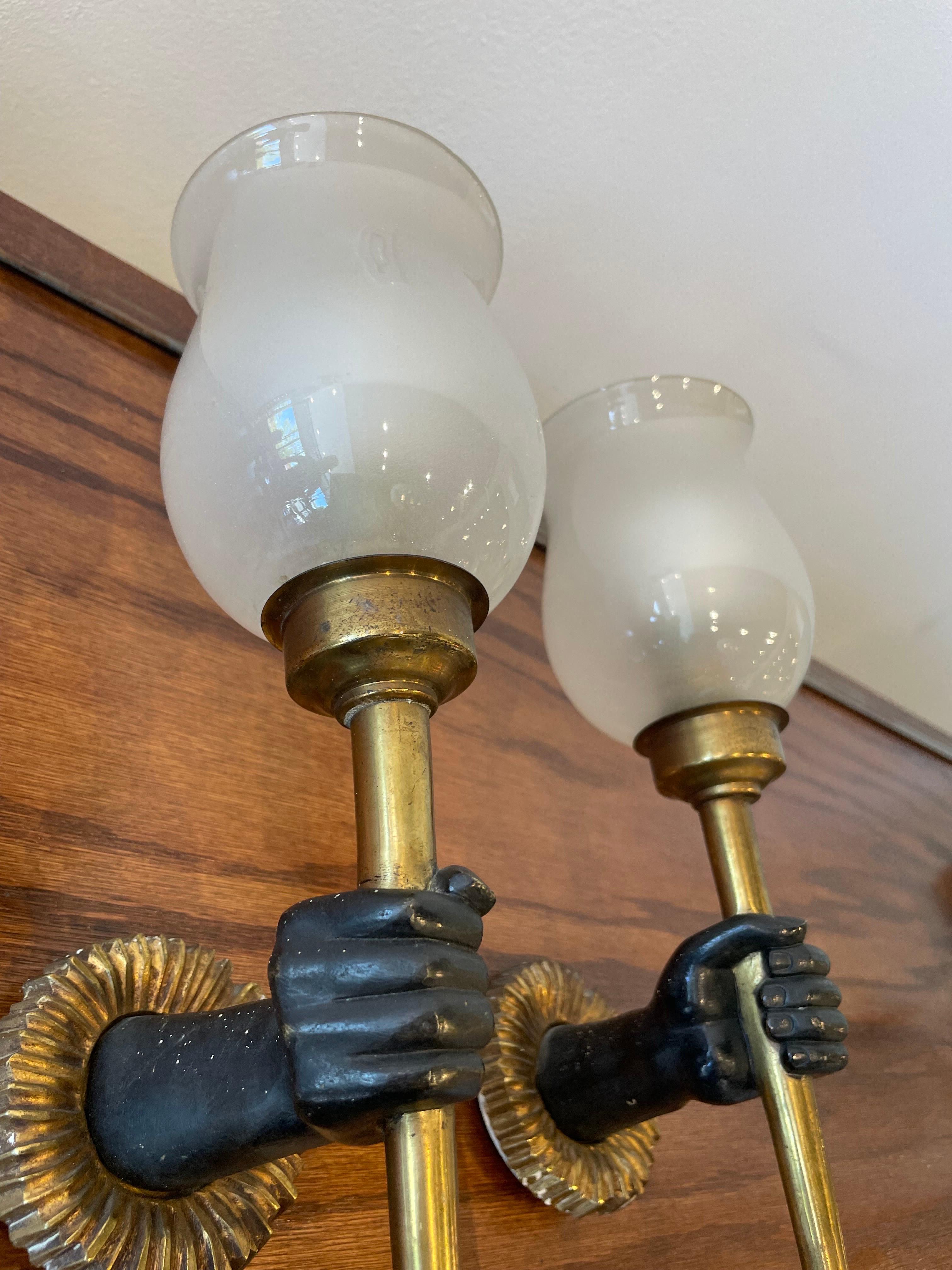 André Arbus French Bronze Neoclassical Hand Wall Lights/Sconces In Good Condition For Sale In East Hampton, NY