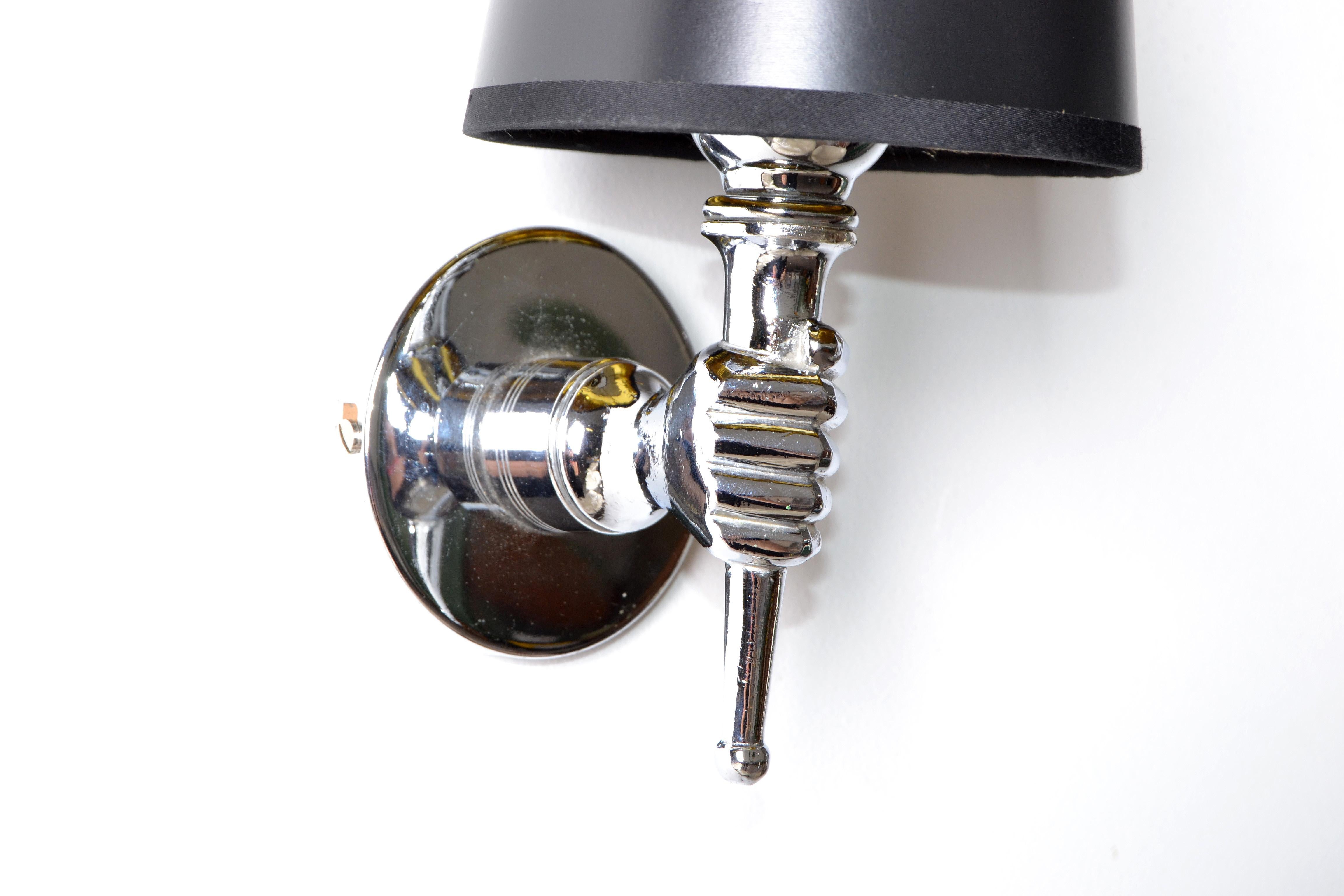 Plated André Arbus French Chrome and Nickel Neoclassical Hand Sconces, Wall Lamps, Pair