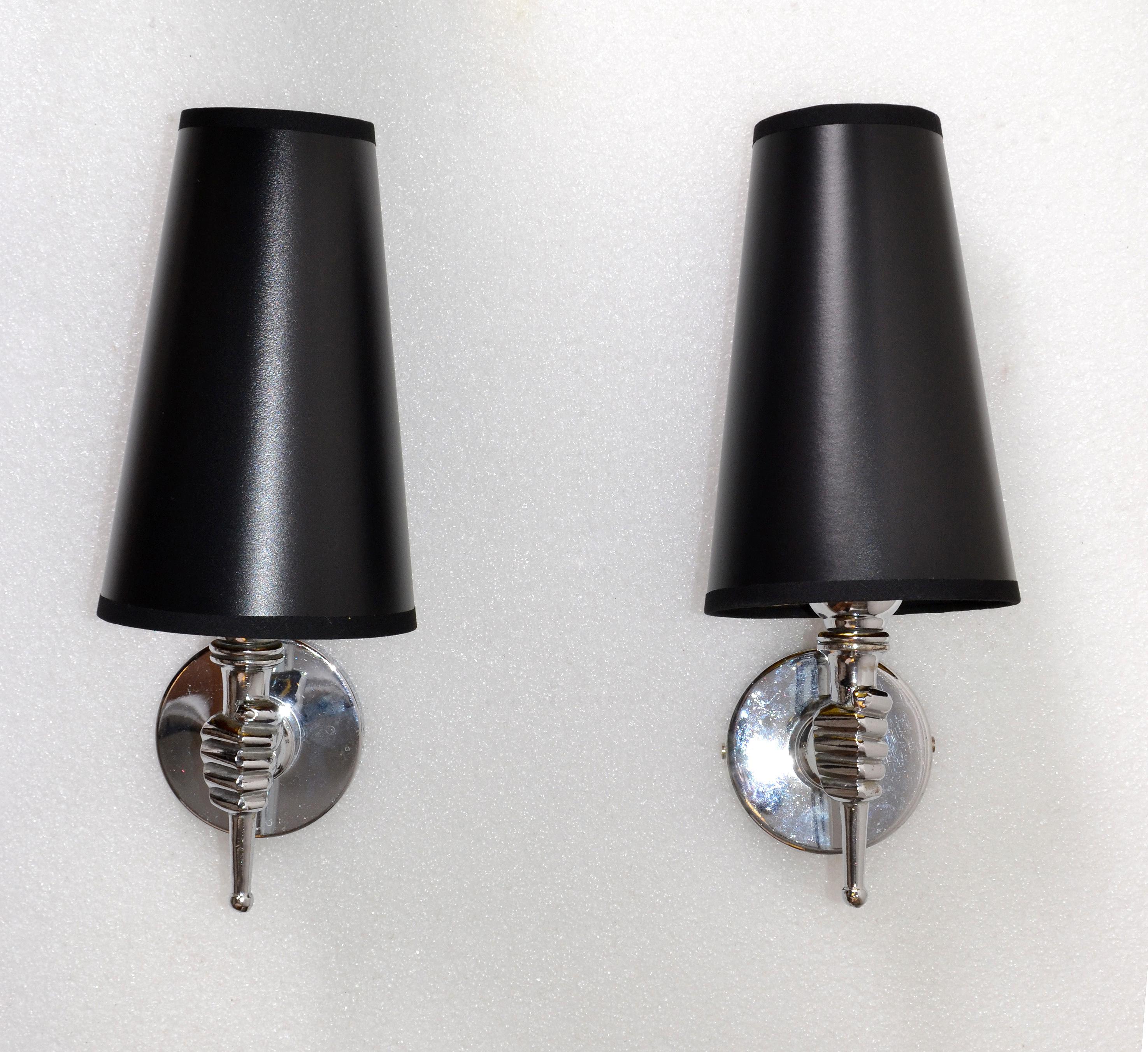 André Arbus French Chrome and Nickel Neoclassical Hand Sconces, Wall Lamps, Pair In Good Condition In Miami, FL