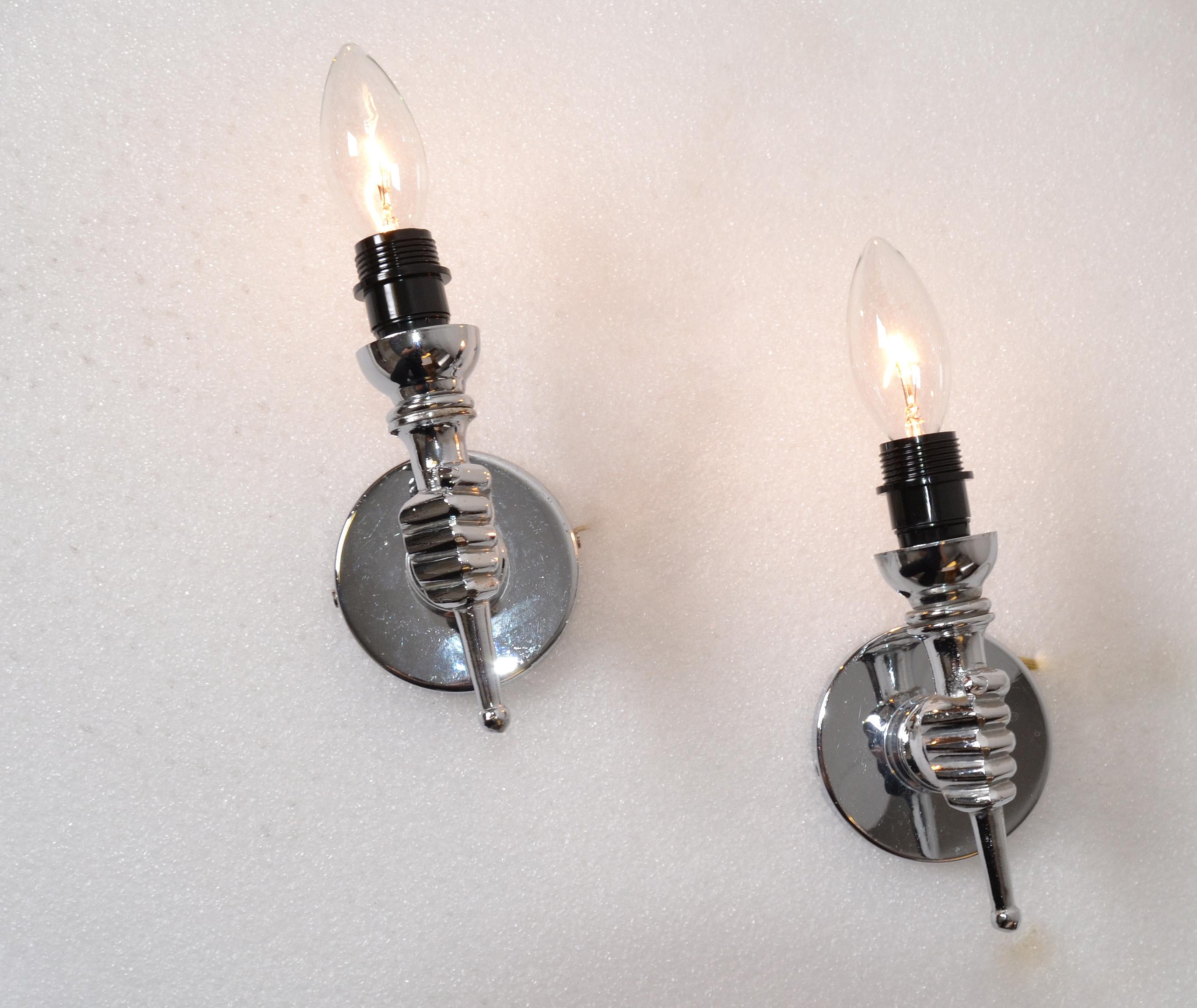 Mid-20th Century André Arbus French Chrome and Nickel Neoclassical Hand Sconces, Wall Lamps, Pair