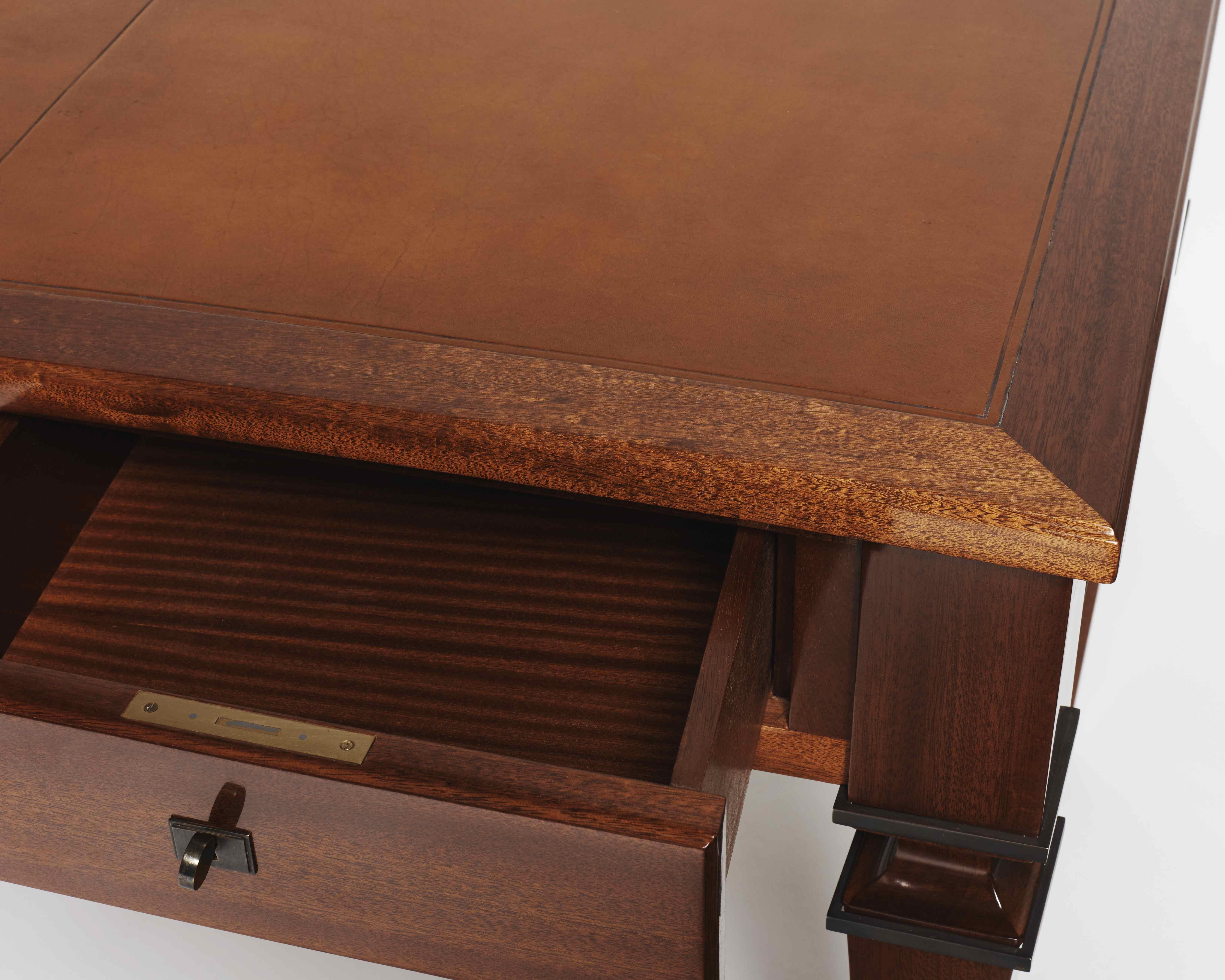 Art Deco André Arbus, Large Desk in Mahogany, Leather, and Bronze, France, circa 1940