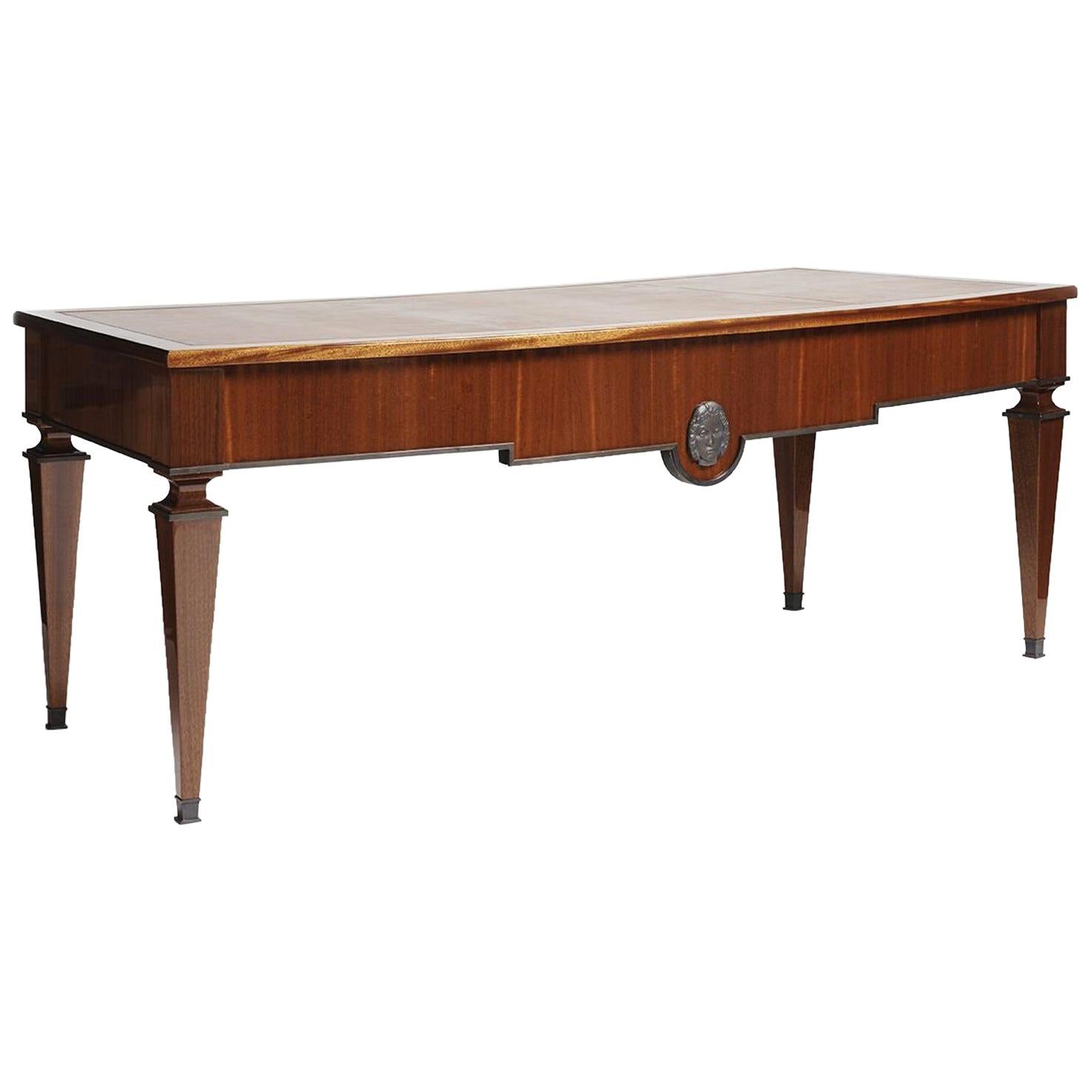André Arbus, Large Desk in Mahogany, Leather, and Bronze, France, circa 1940