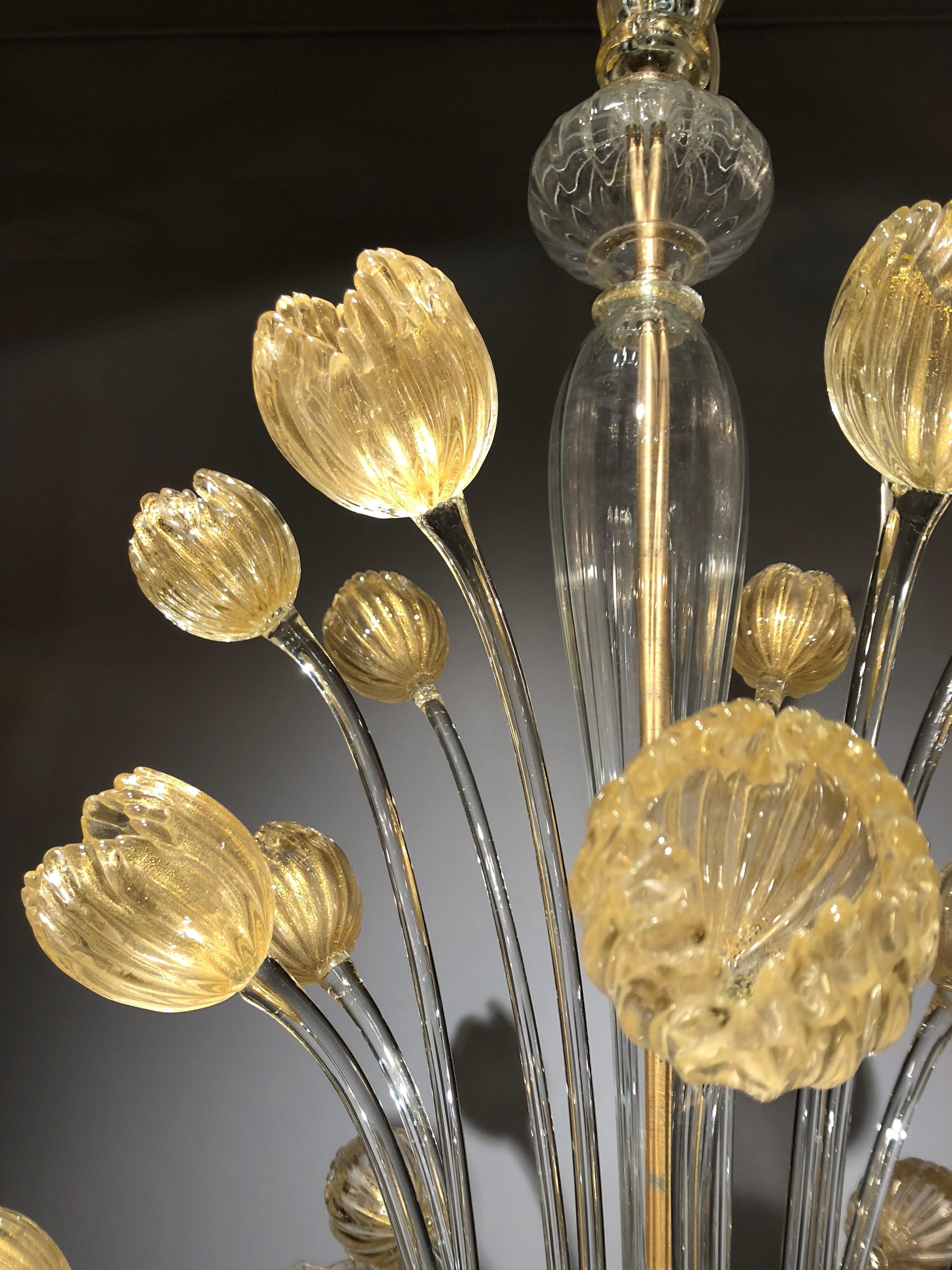 Very elegant and rare documented André Arbus Murano blown glass chandelier by Maison Veronèse.
From the central part emerges a bouquet of tulips in clear glass and 24k gold inclusions. 6 arms and cups with twisted glass daggers and indirect light.