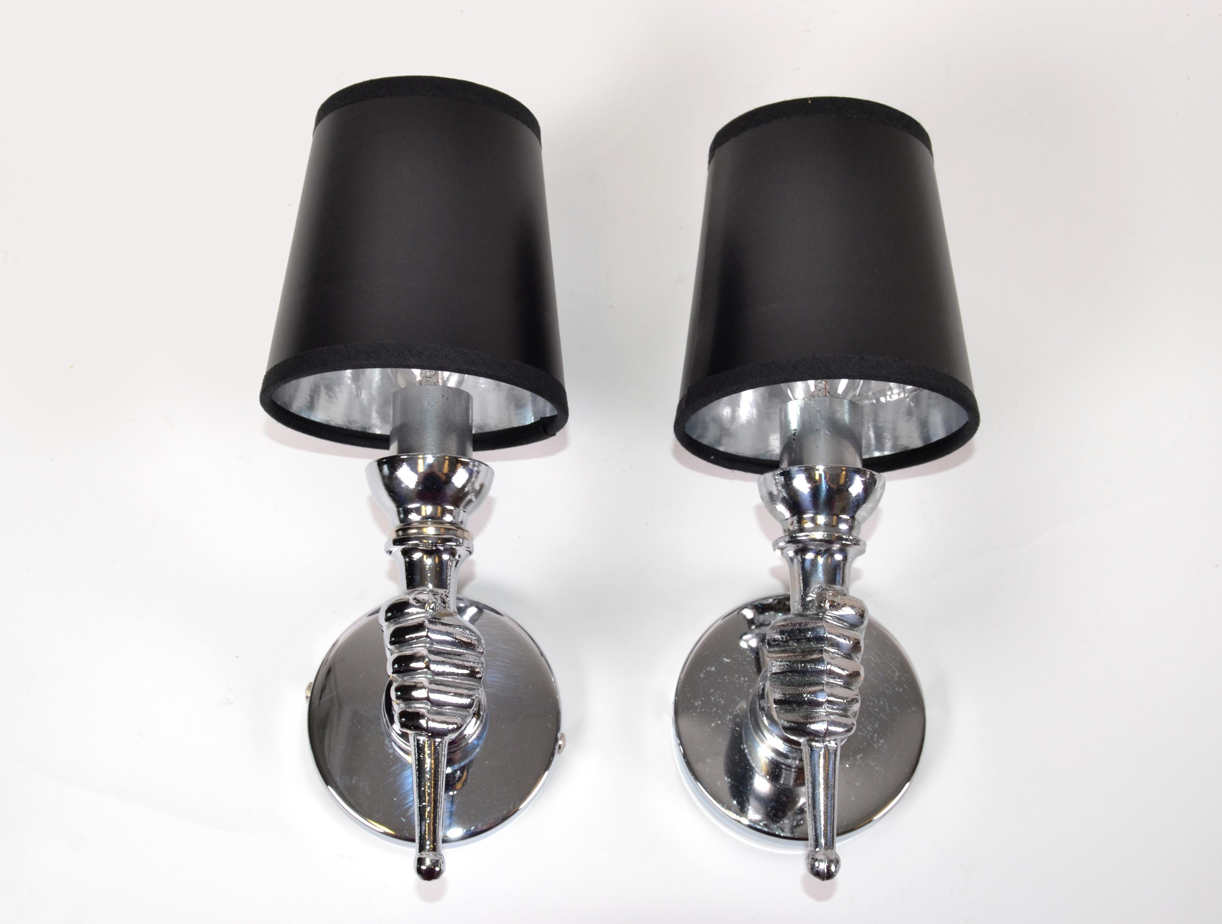 Very nice pair of nickel-plated sconces by Arbus, with black and silver paper shades.
2 pairs available. Priced by pair.
Diameter of the back plate: 3.1/4 inches.
Perfect working condition and each takes one candelabra light bulb max. 40 watts.