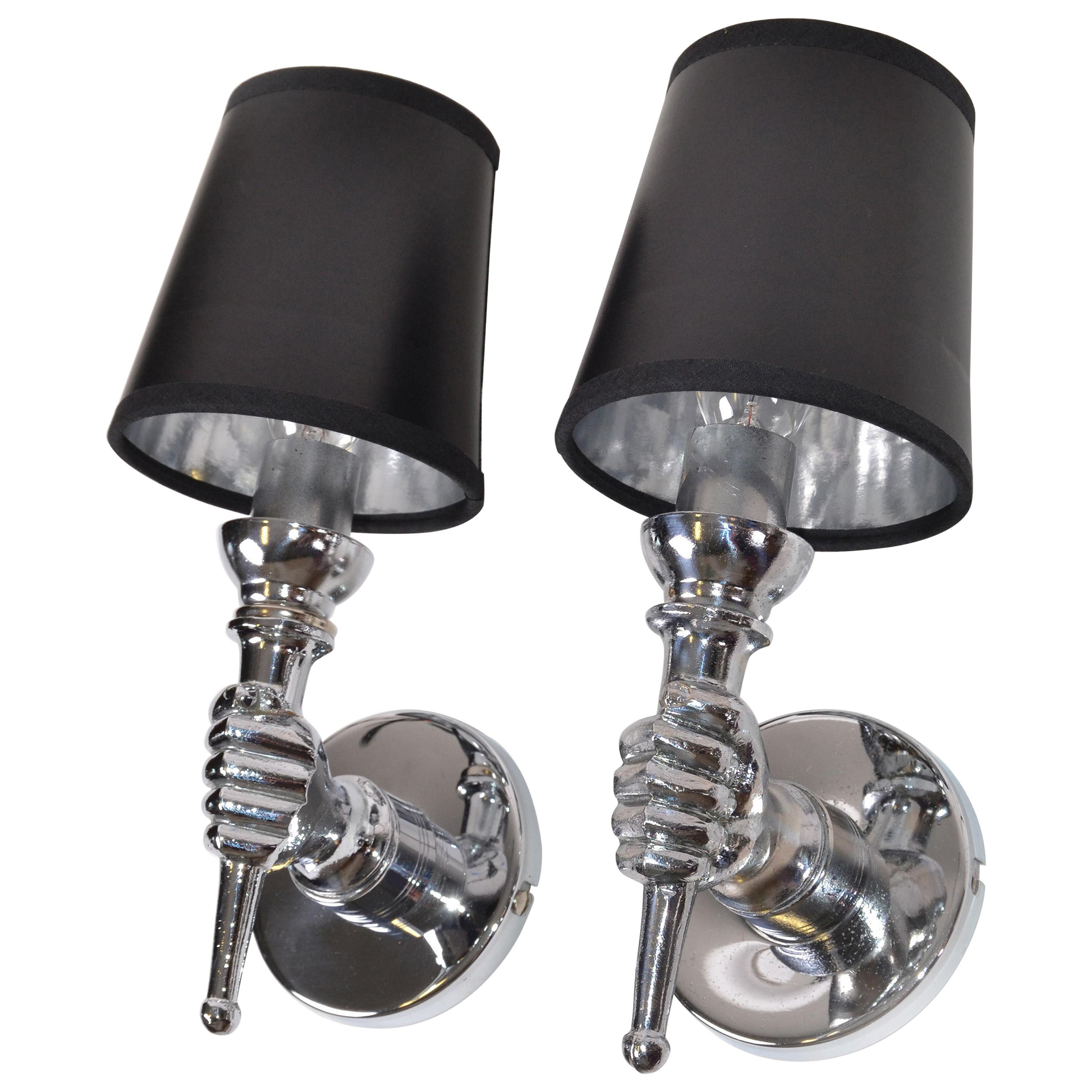 André Arbus style  Nickel-Plated Hand Sconces Wall Lights French , Two Pairs For Sale