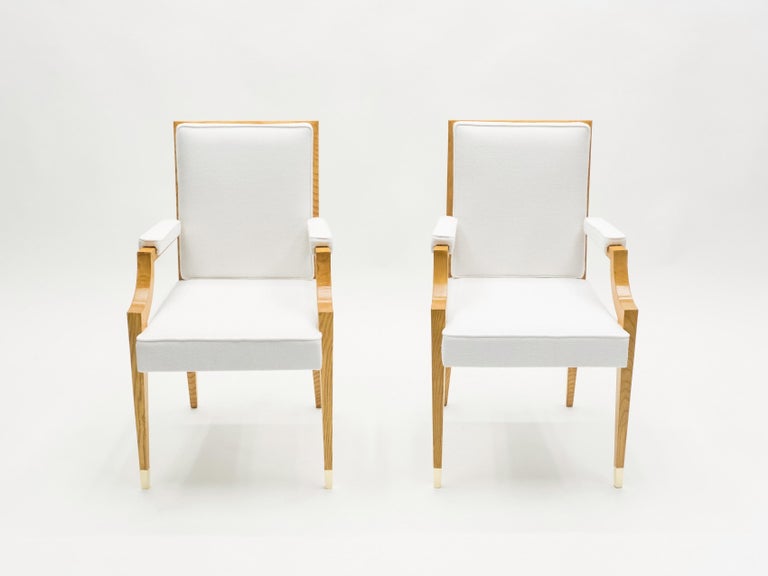 These elegant André Arbus armchairs are sure to add an element of French neoclassicism chic to any room in your home. They were designed and produced by André Arbus for the headquarters of the Compagnie Générale Transatlantique in the late 1940s.