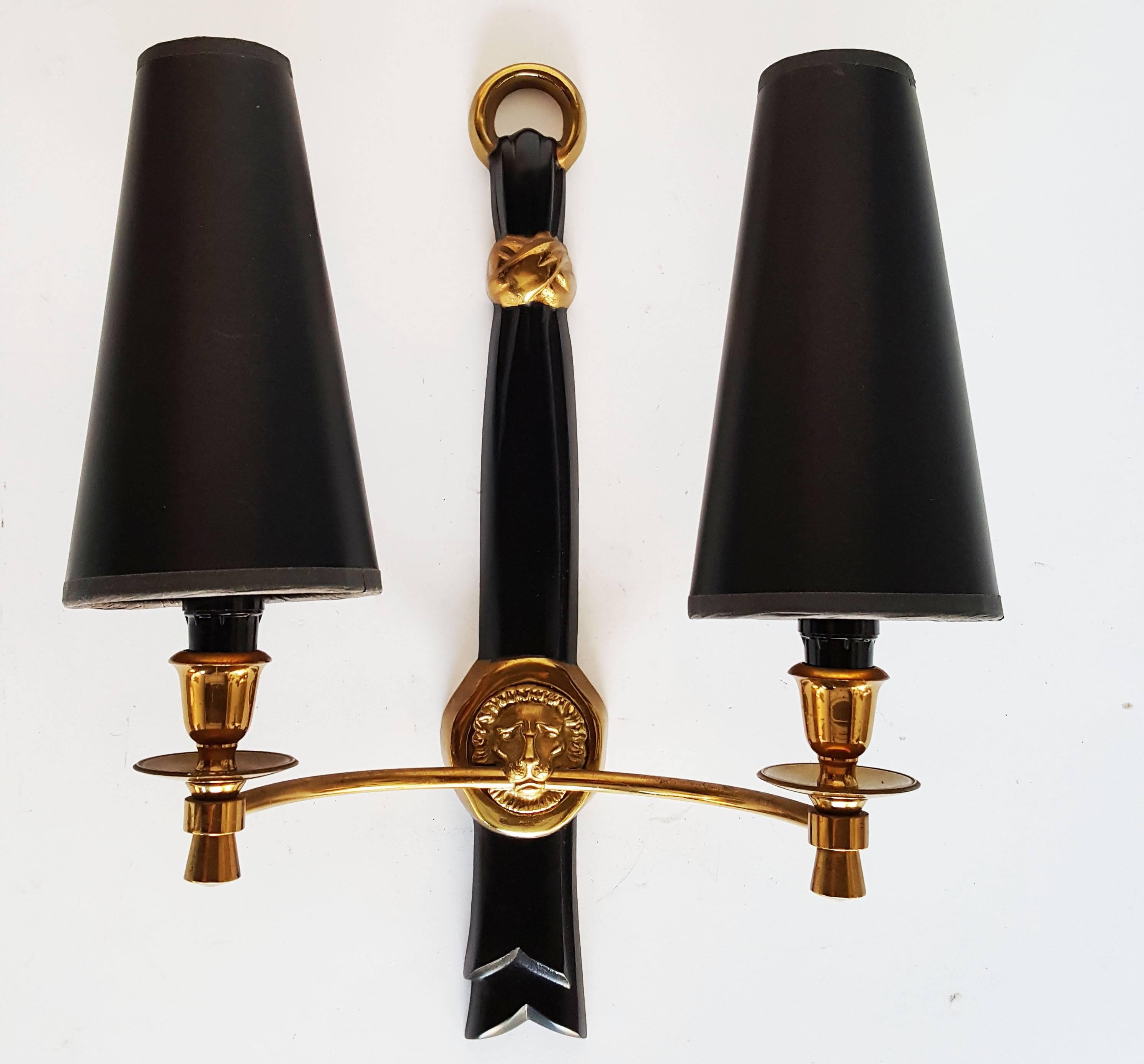 Mid-Century Modern Andre Arbus Pair of Brass & Bronze Sconces, Wall Lights, 3 Pairs Available For Sale