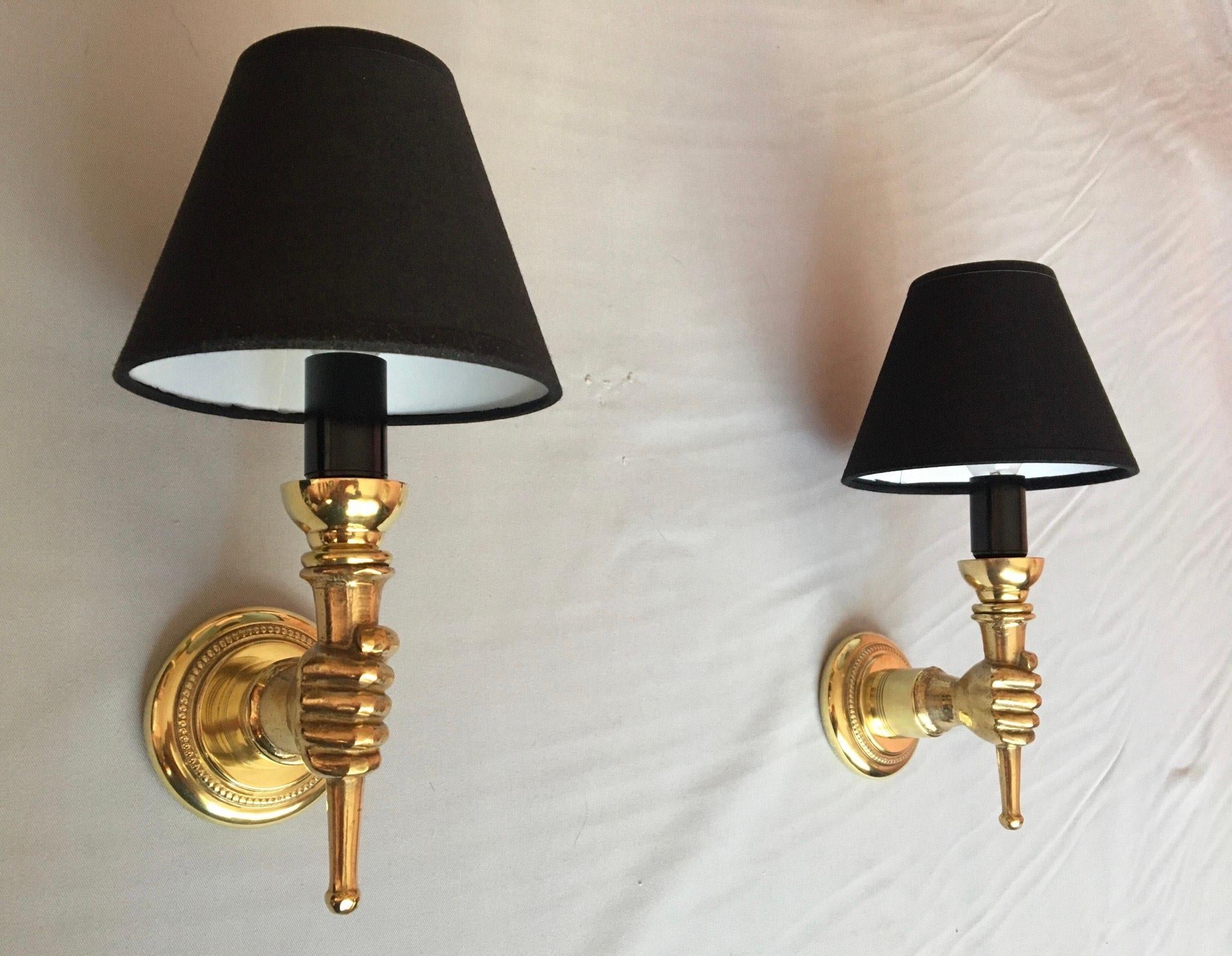 Elegant Andre Arbus style pair of French neoclassical style sconces of the 50’s made in gilted bronze, brass with black cotton lampshades.
The electric part has been renewed and fits the US standards. ( screw bulb holder, 100 watts maxi ). The
