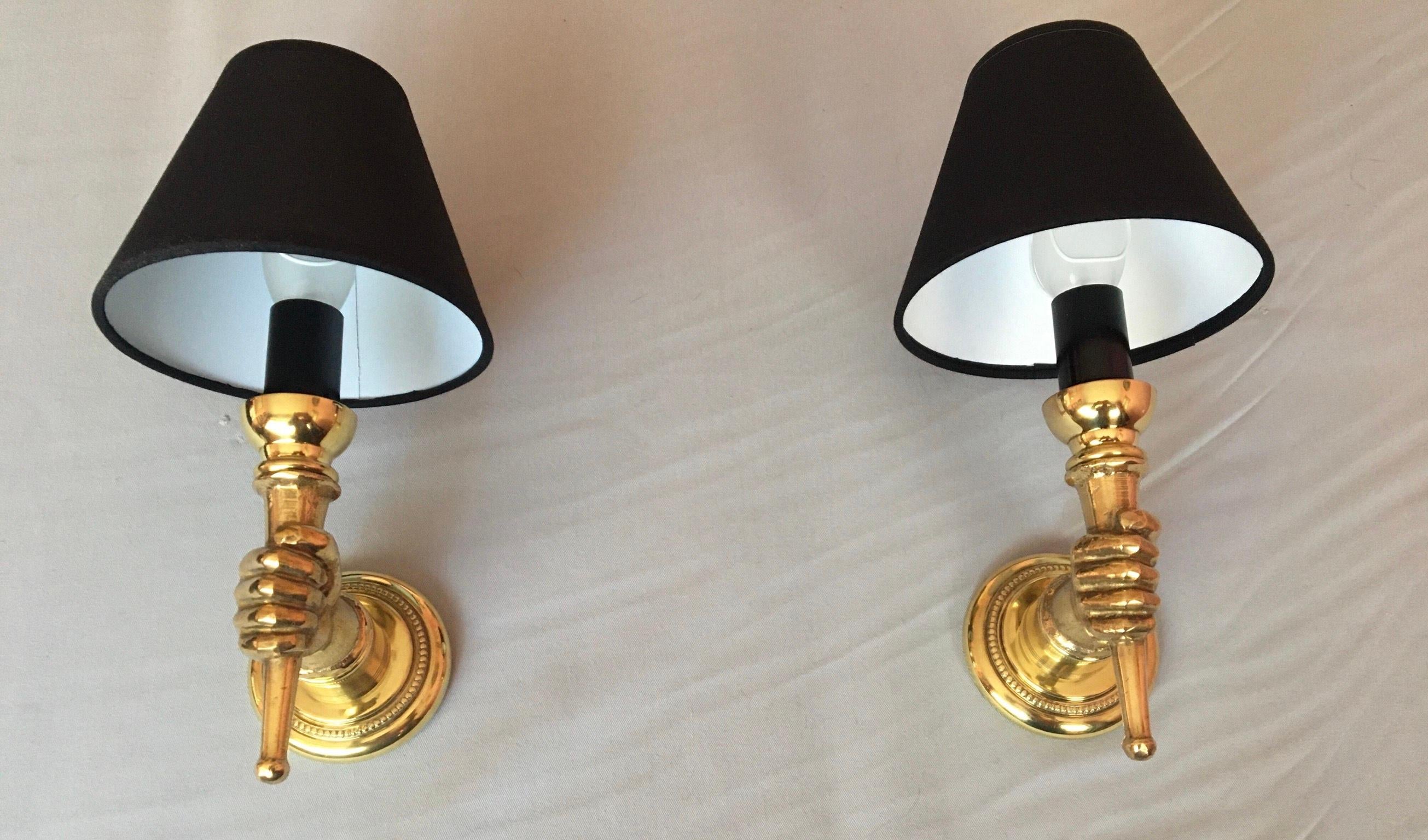 Brass Andre Arbus Pair of Bronze Neoclassical Sconces, France 1950
