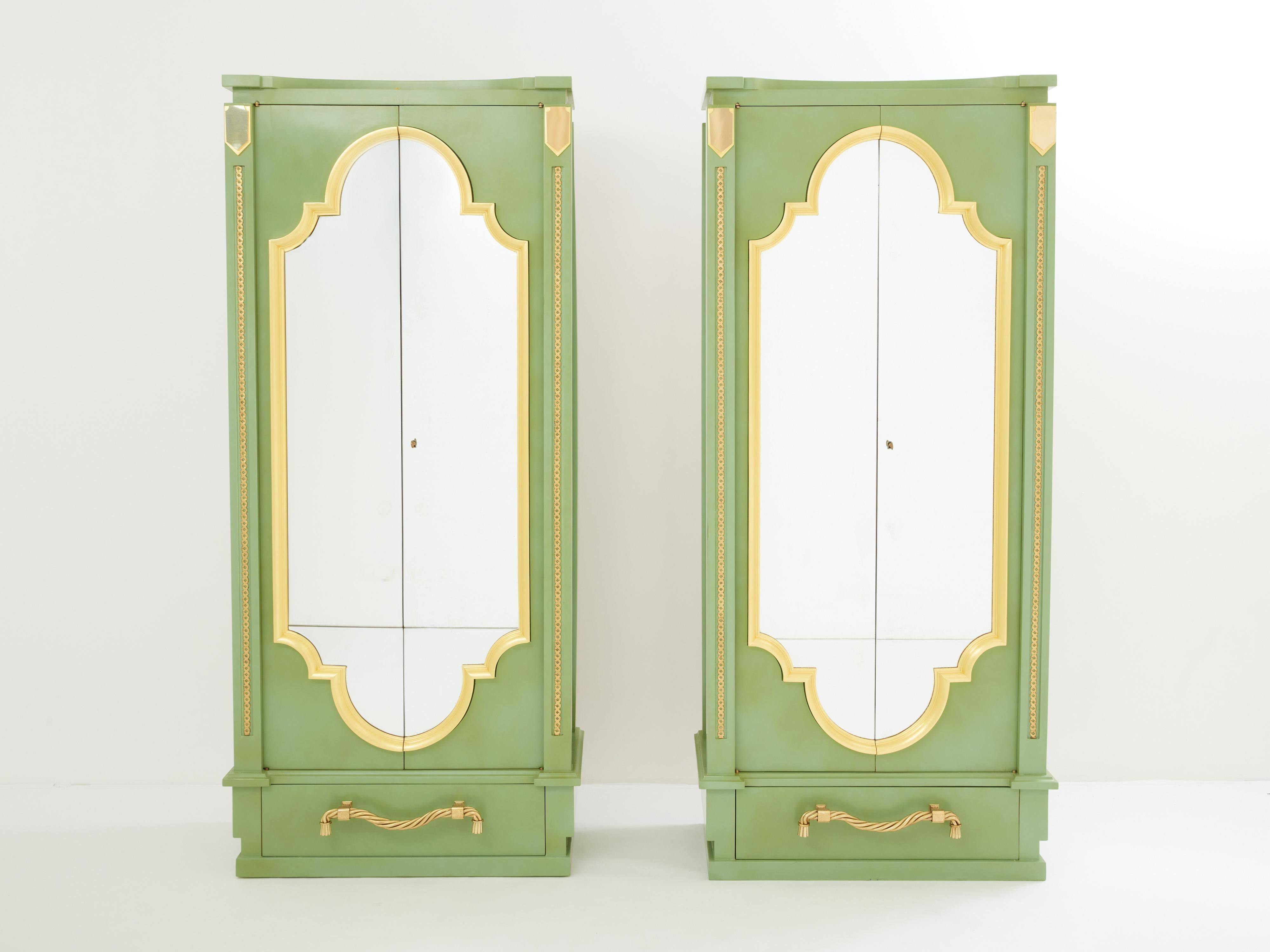 This unique pair of André Arbus wardrobes is sure to add an element of French neoclassicism chic to any room. It was designed by André Arbus in the late 1930s. Made out of solid oak wood, each wardrobe is decorated with André Arbus celadon green