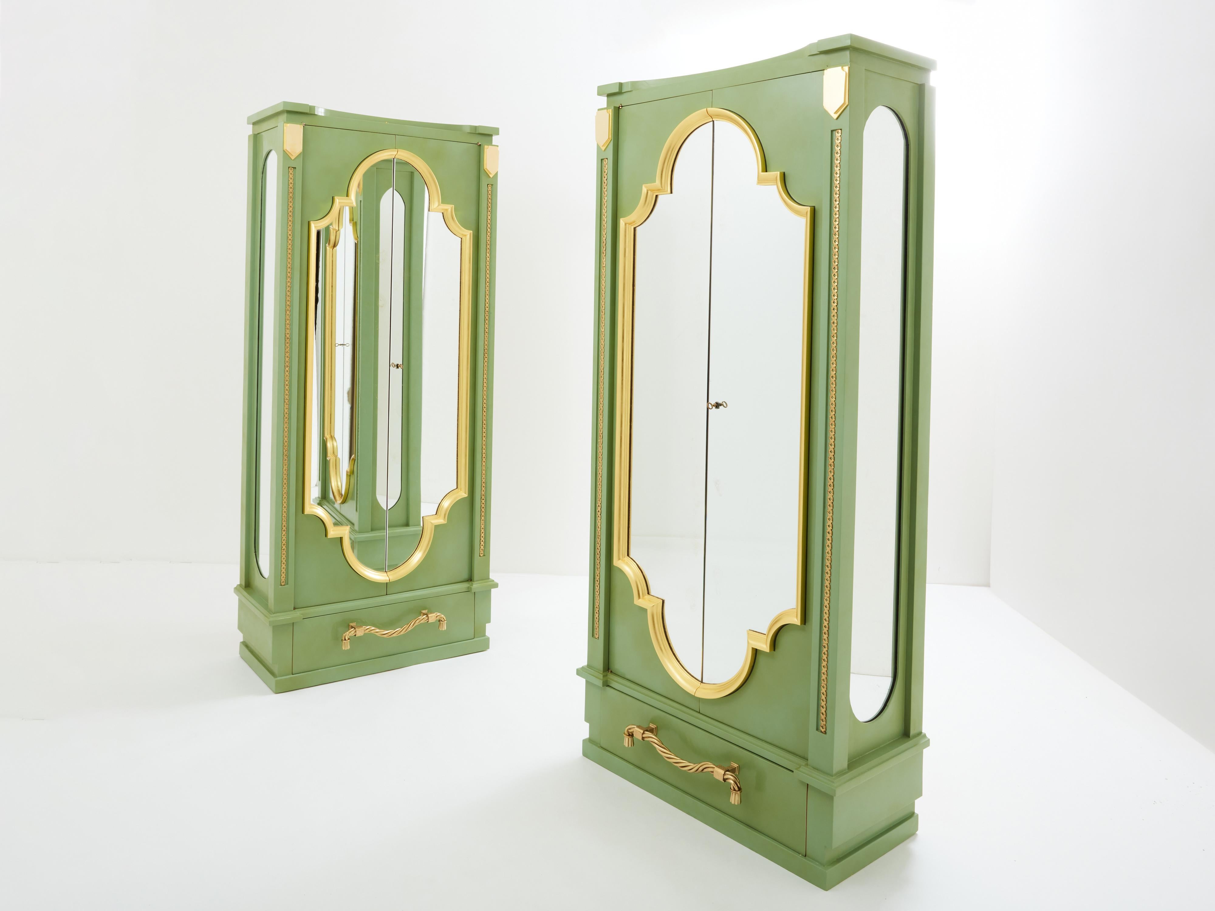 Art Deco André Arbus pair of celadon green lacquered wardrobes gilt brass 1930 For Sale