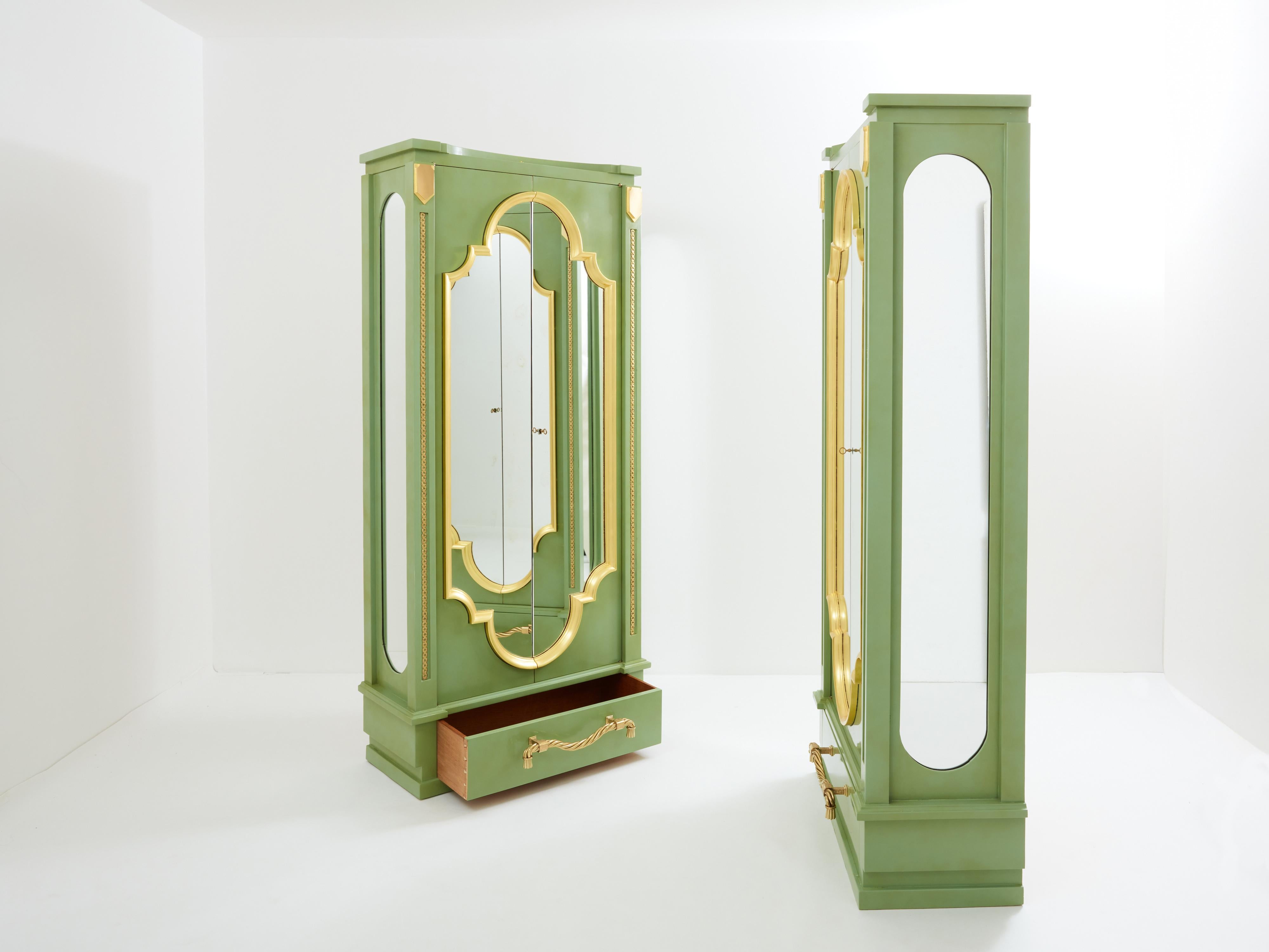 Brass André Arbus pair of celadon green lacquered wardrobes gilt brass 1930 For Sale