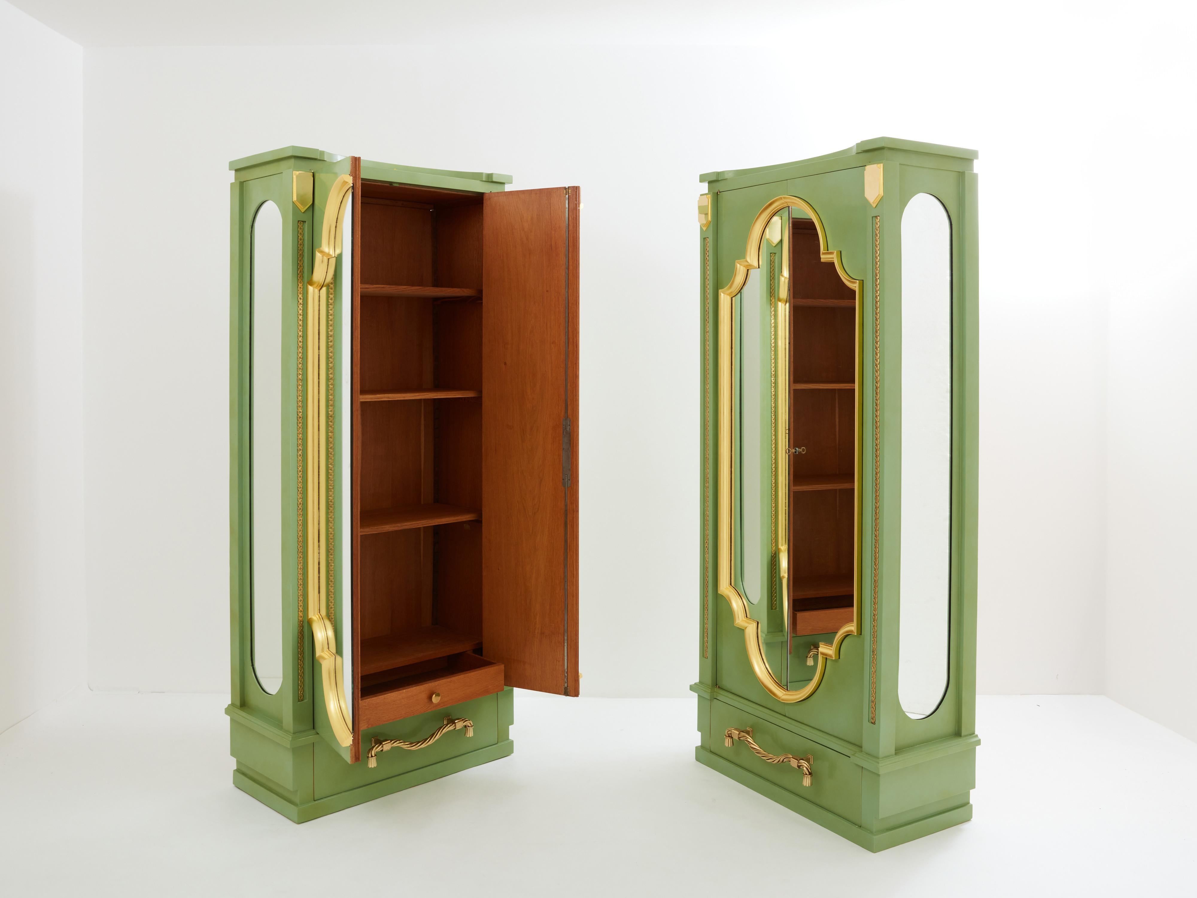 André Arbus pair of celadon green lacquered wardrobes gilt brass 1930 For Sale 1
