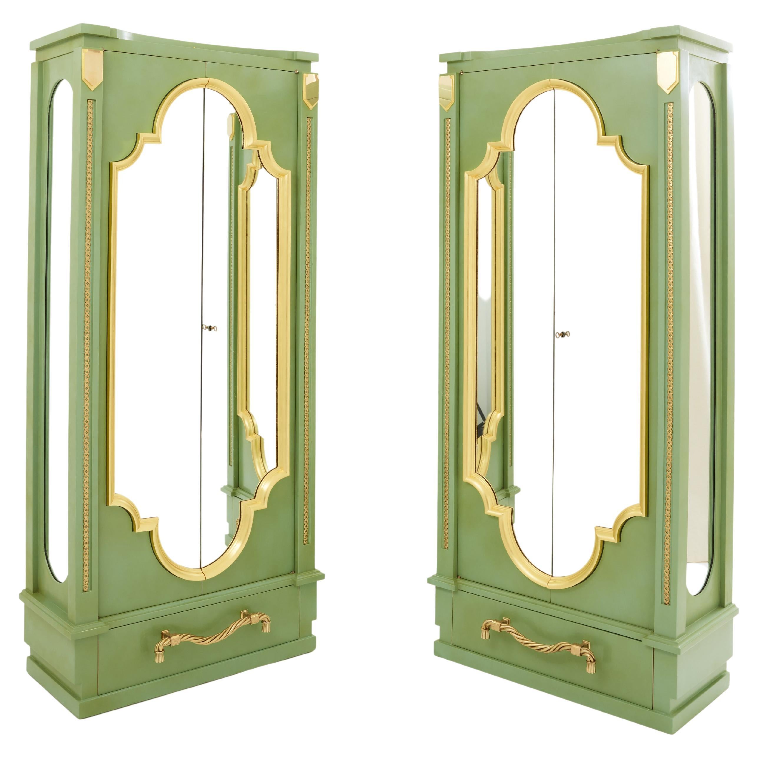 André Arbus pair of celadon green lacquered wardrobes gilt brass 1930 For Sale