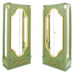 Vintage André Arbus pair of celadon green lacquered wardrobes gilt brass 1930