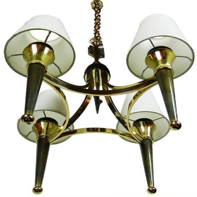 Superb Andre Arbus style 4-light chandelier Art Deco Period circa 1940.
Two patinas in brass and gun metal. US rewired and in working condition 4 bulbs, 75 watts max each.
Sold with 5 inches H, 4,5 inches bottom, 3.5 inches bottom top black shades.