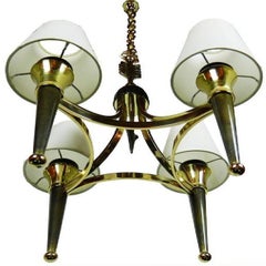 Andre Arbus Style Art Deco 1940s 4 Light Chandelier Bronze Brass Metal Arrow