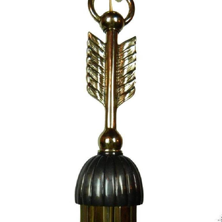French Andre Arbus Style Art Deco 1940s 4 Light Chandelier Bronze Brass Metal Arrow  For Sale