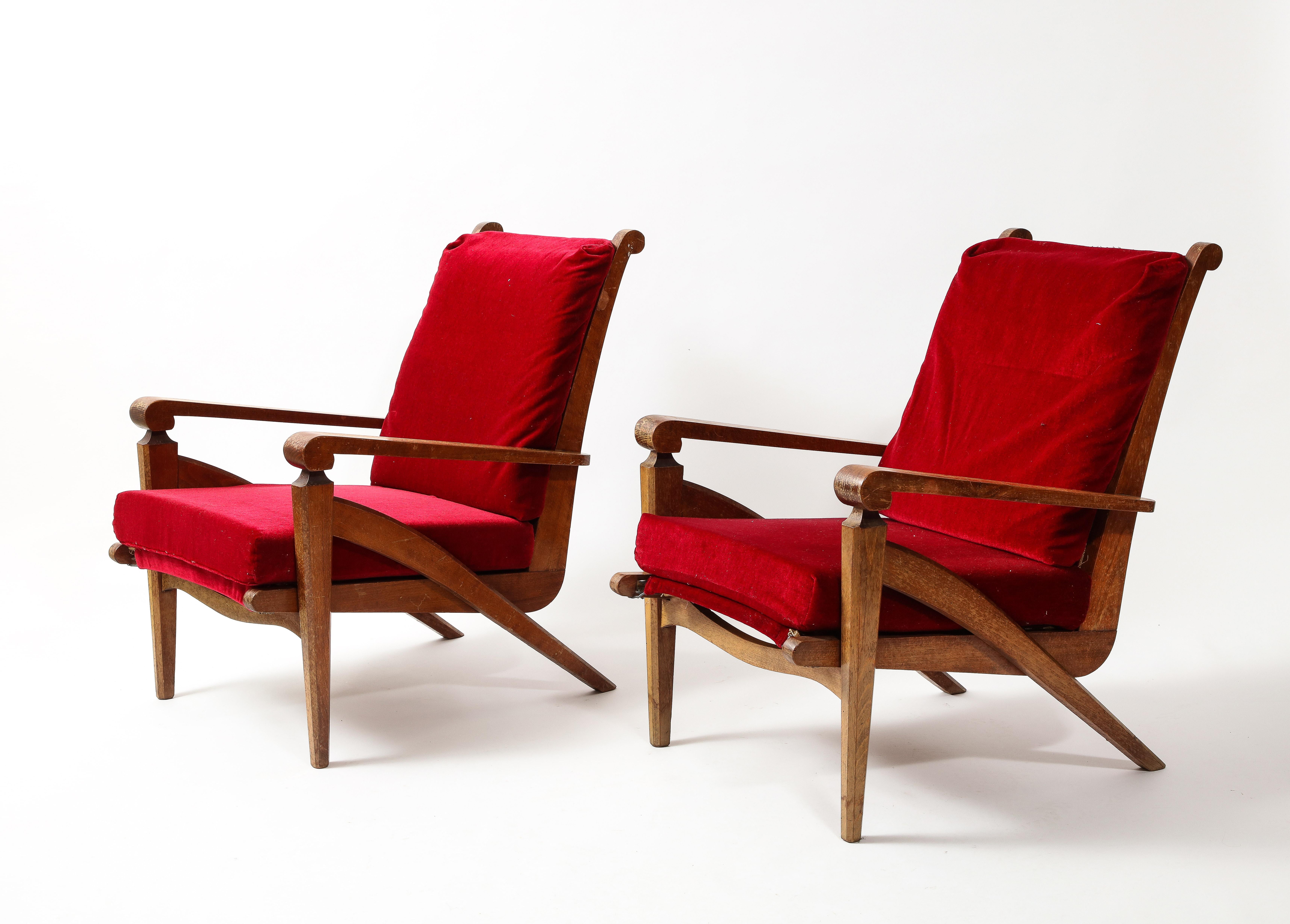 Neoclassical André Arbus Style Pair of Walnut Armchairs, France 1950's For Sale