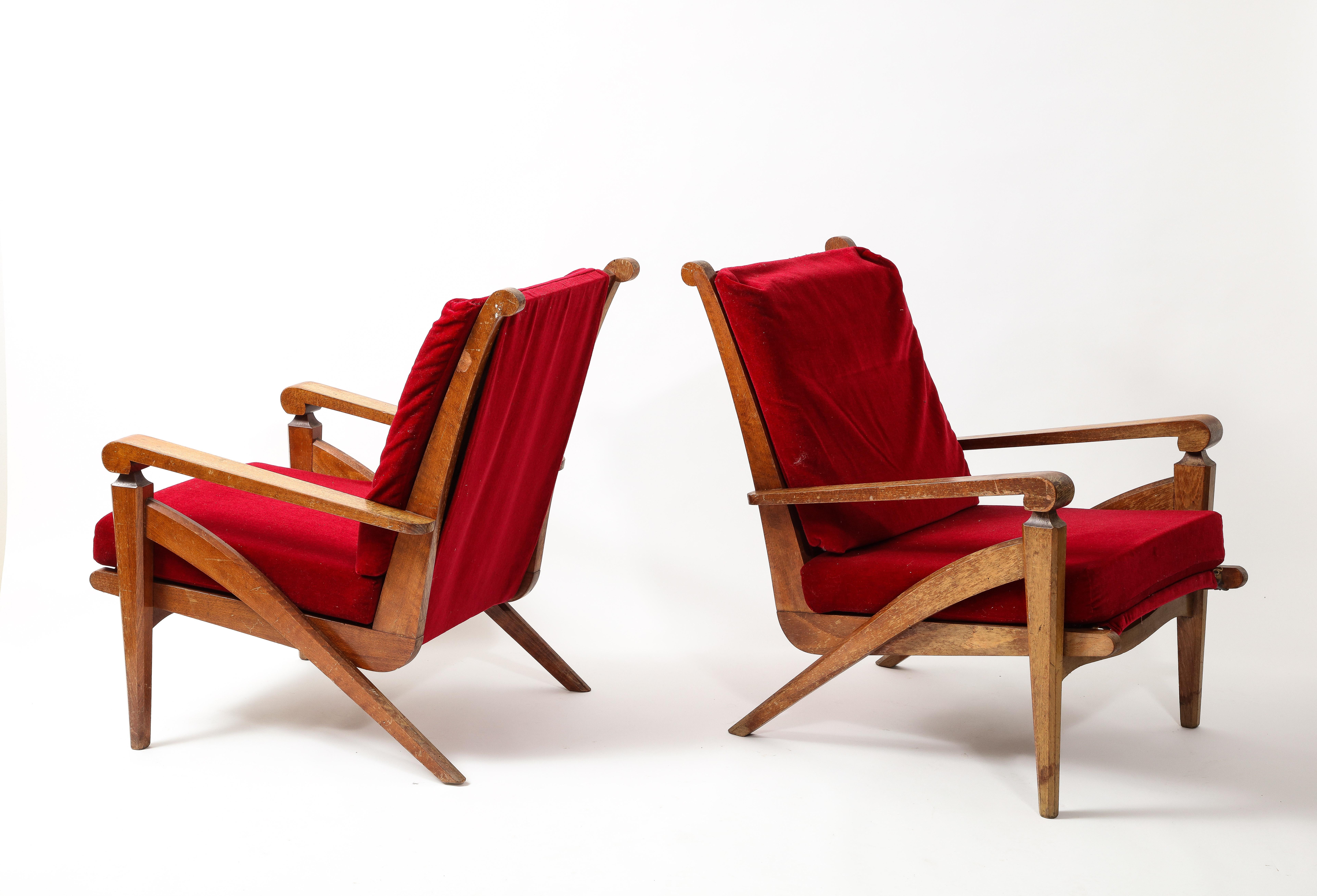 Velvet André Arbus Style Pair of Walnut Armchairs, France 1950's For Sale