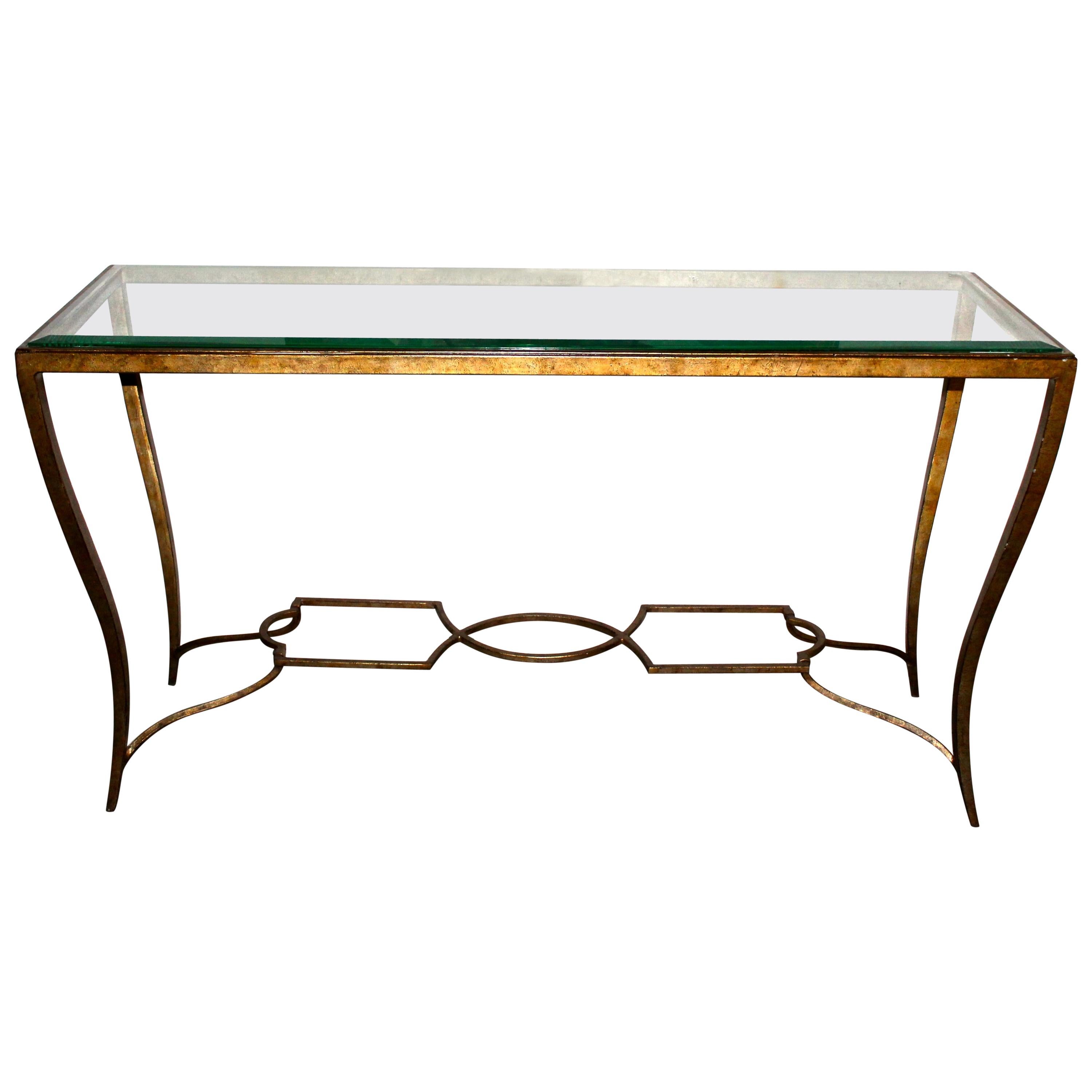 Maison Jansen Style Gilt Wrought Iron and Beveled Glass Console For Sale
