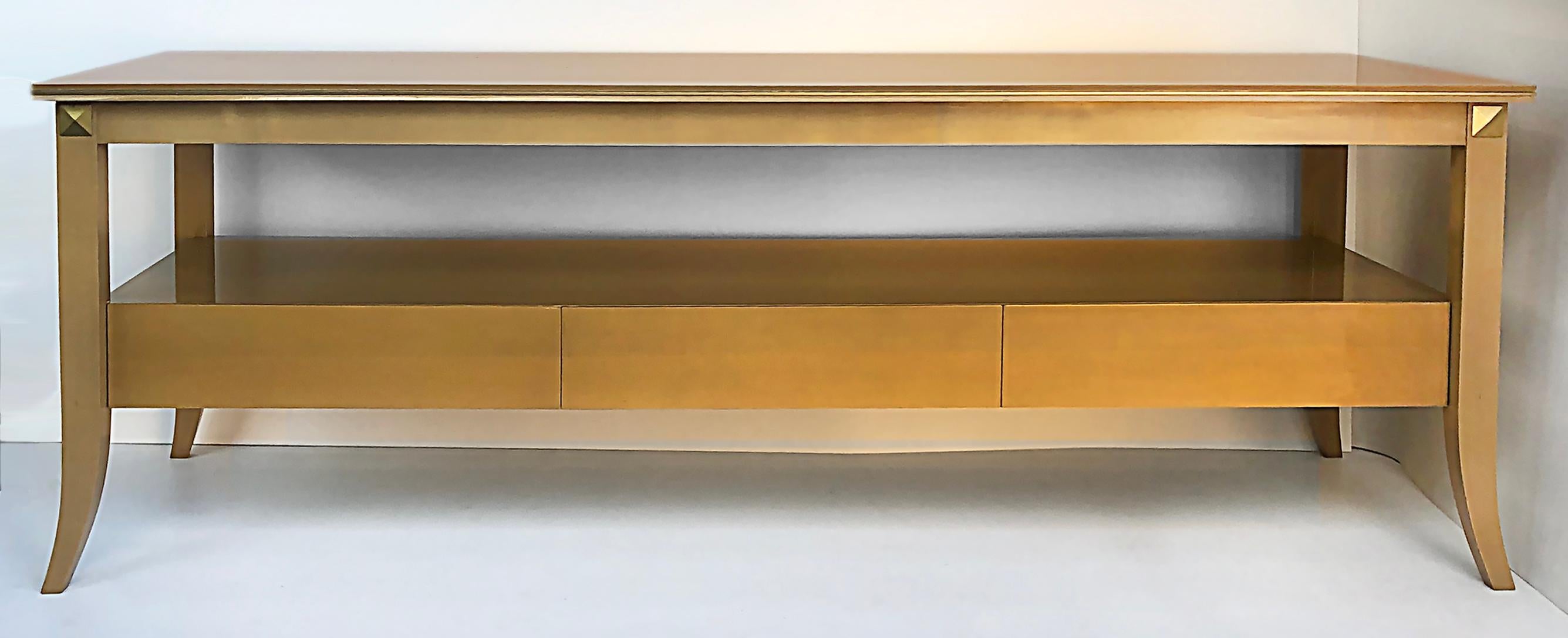 Modern Andre Arbus Style Lacquered Birch Wood Console Table with Brass Inlay  For Sale