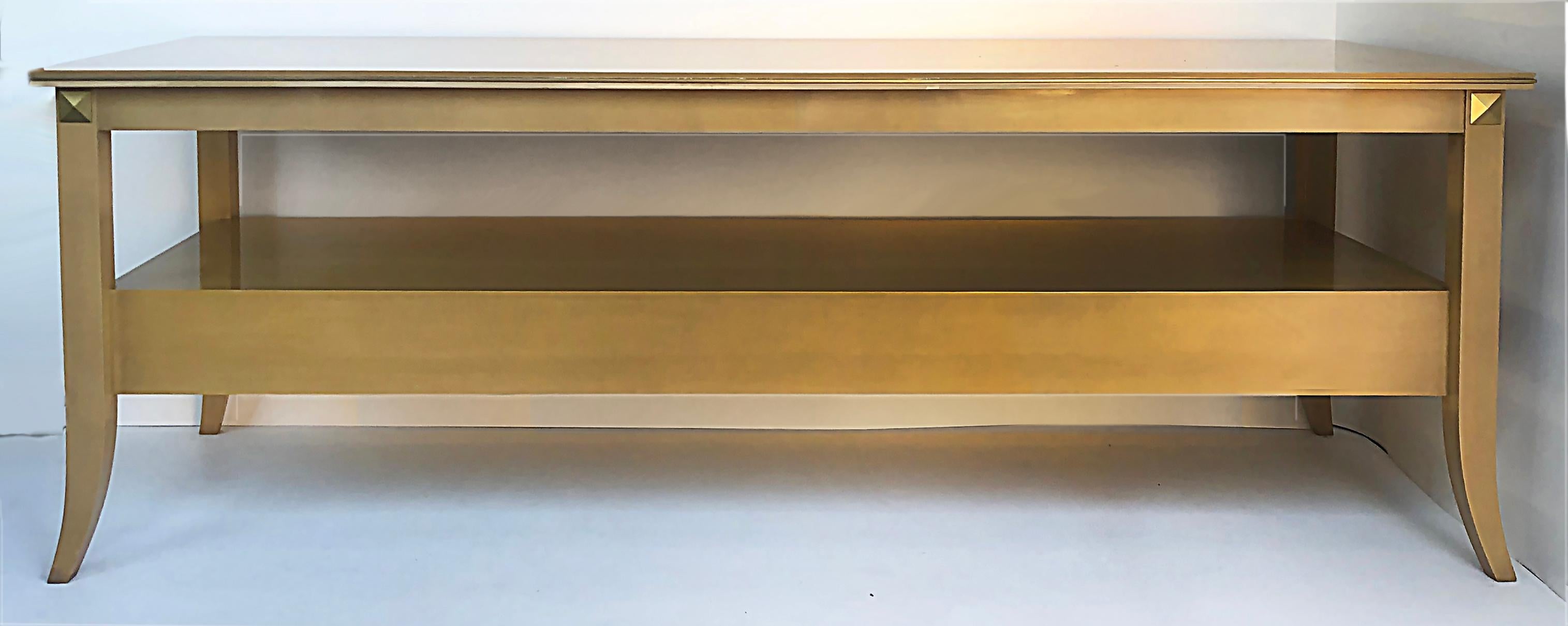 20th Century Andre Arbus Style Lacquered Birch Wood Console Table with Brass Inlay  For Sale
