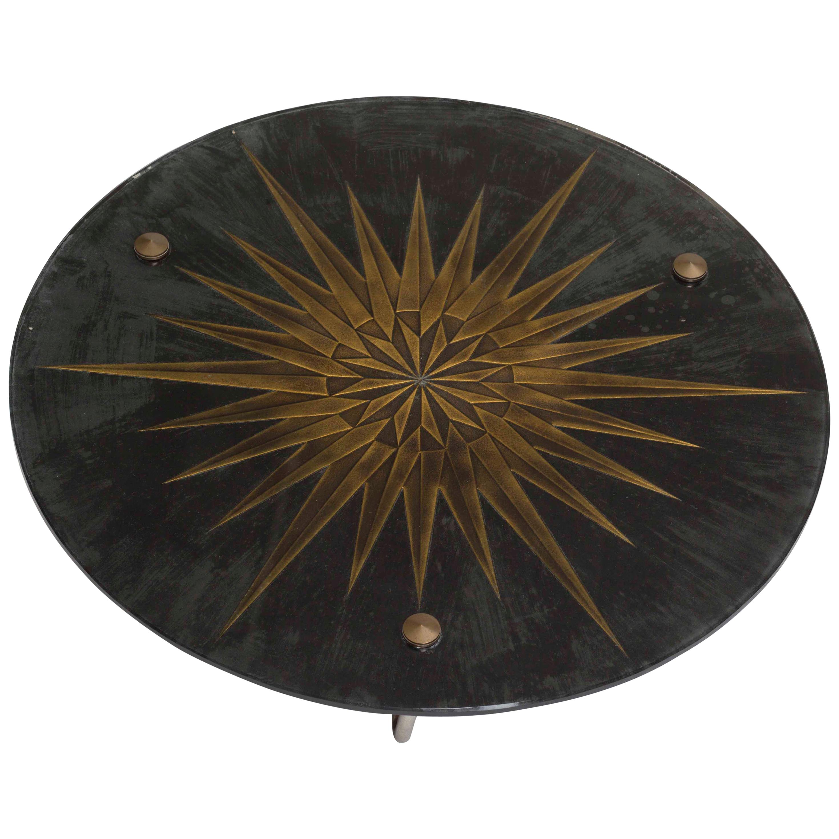 Andre Arbus Style Sun Glass Bronze Tripod Table Deco, Midcentury, France, 1950 For Sale