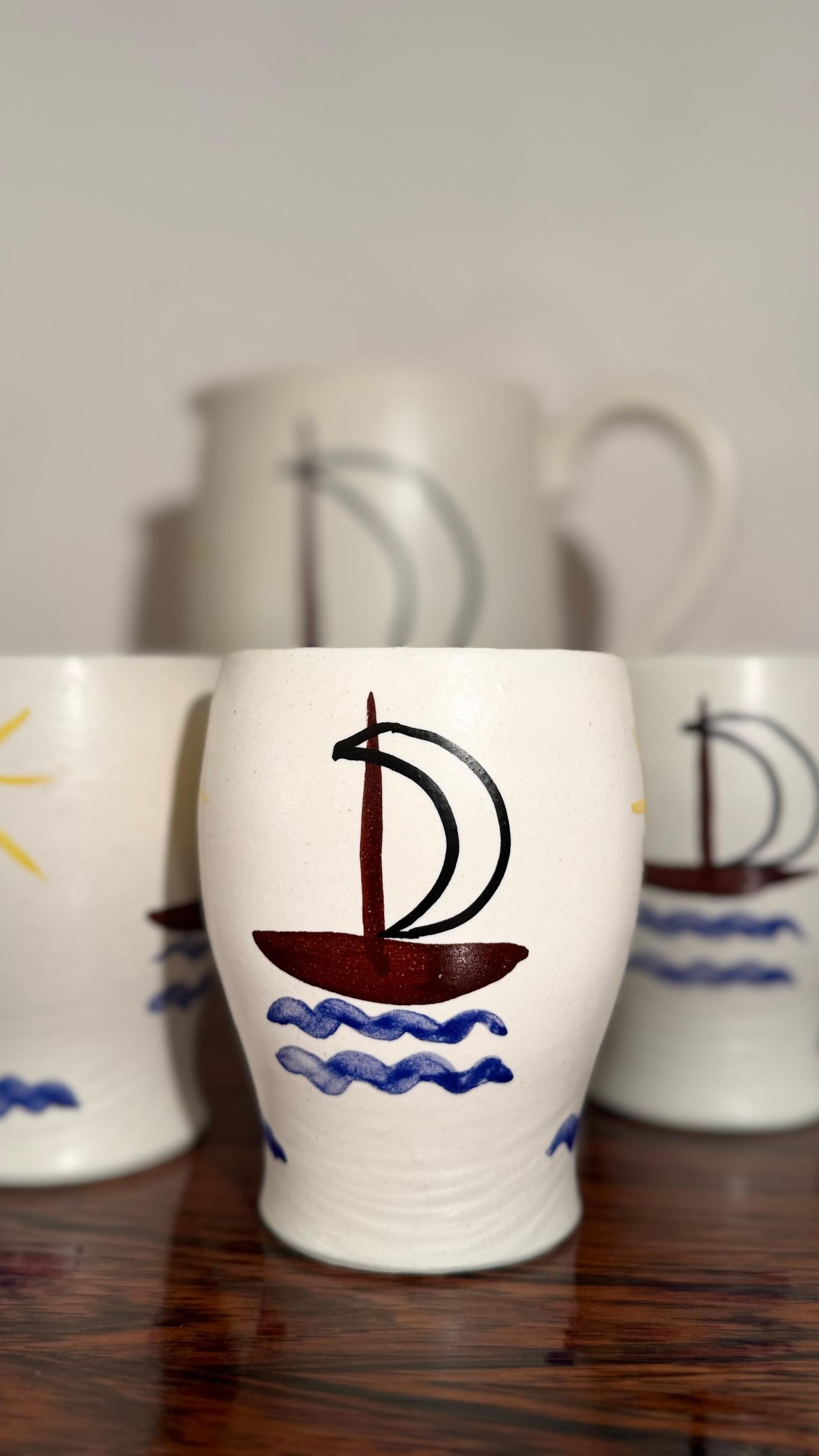 Mid-Century Modern Andre Baud for Vallauris, Ceramic Jug and 6 Goblets Set, 1960s en vente